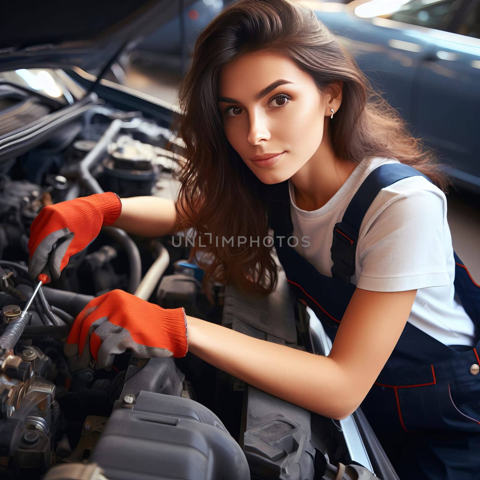 Young cute woman in a blue jumpsuit and orange gloves working on a car engine. by sfinks