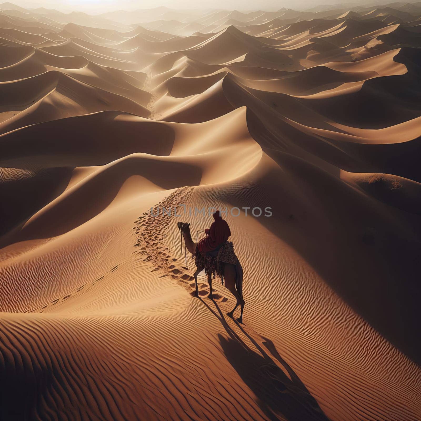 Bedouin riding a camel through the desert. Conceptual high angle image shows the vastness of the desert and the smallness of the person and animal. by sfinks