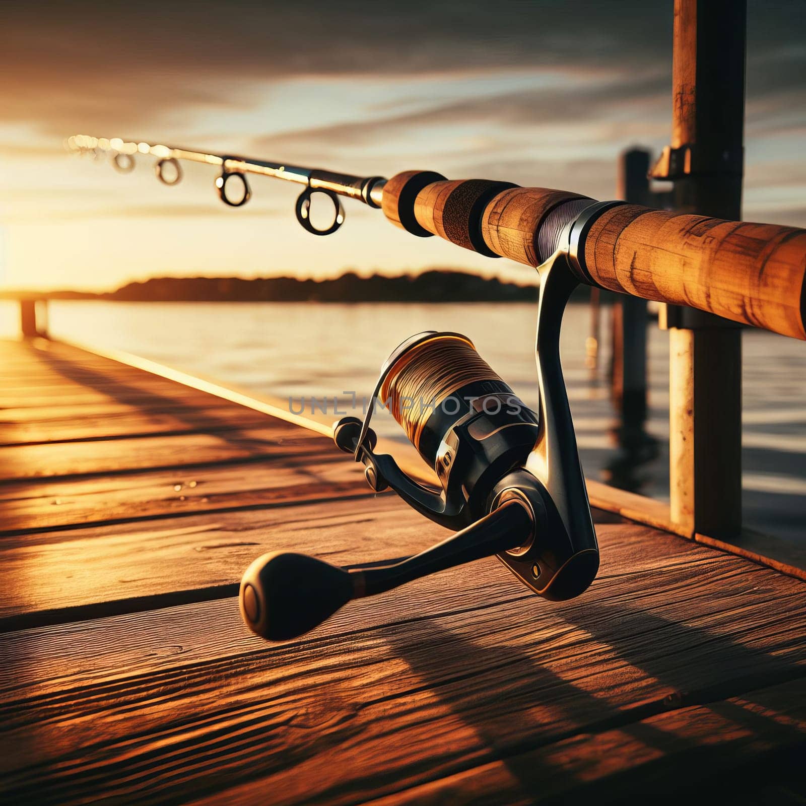 Close-up of a fishing rod and reel on a wooden pier at sunset. by sfinks