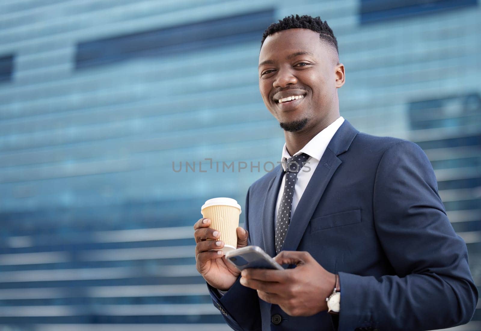 Black man, business and coffee with phone in portrait for schedule or networking as manager with digital technology. Happy, male person and mobile device for research on project proposal for work.