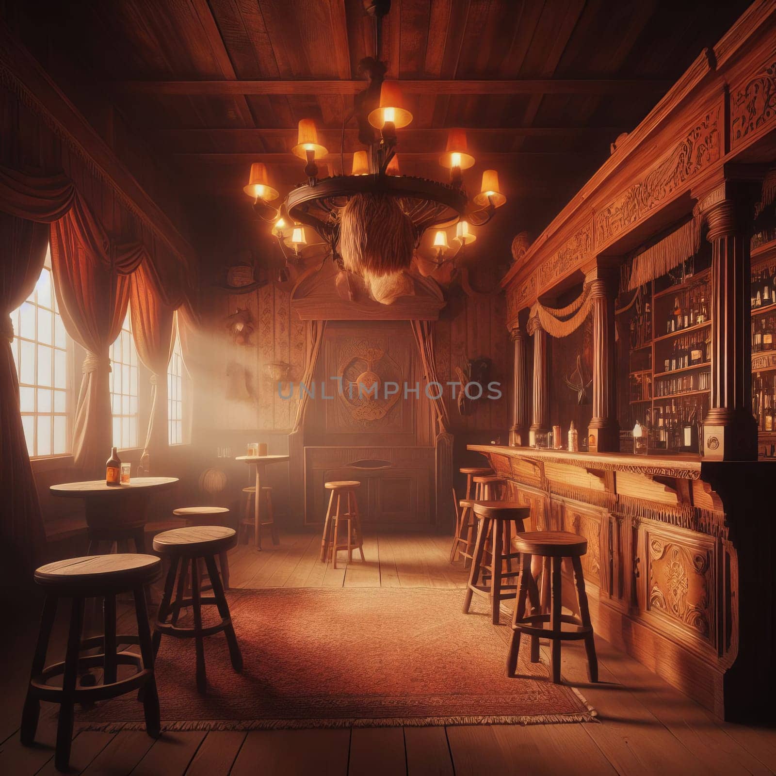 Vintage saloon bar with wooden furniture and a chandelier, creating a warm and inviting atmosphere