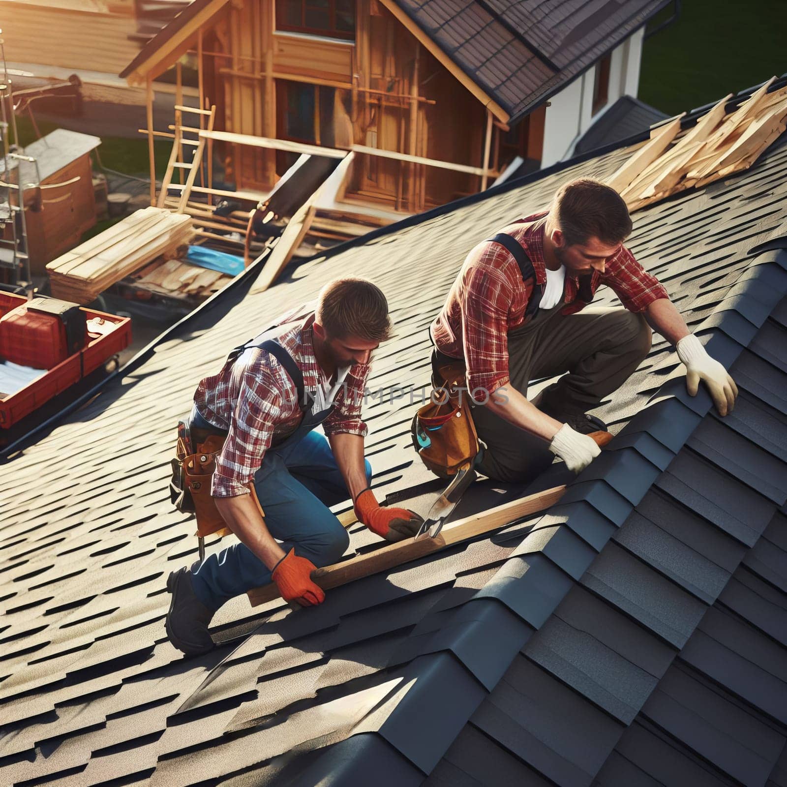 Aerial view of two workers skillfully installing shingles on a residential roof. by sfinks