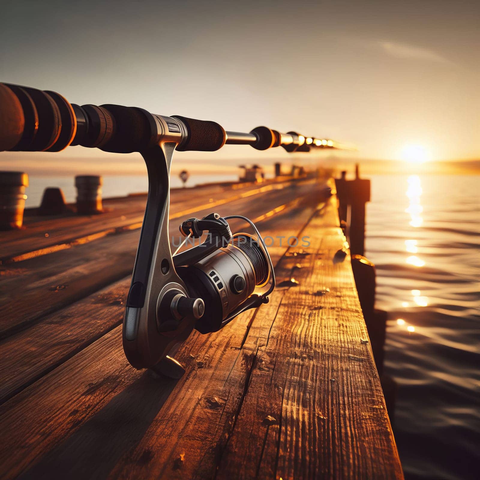 A serene photo of a fishing rod on a wooden pier at sunset, with the sun setting over the horizon and an orange-yellow sky. by sfinks