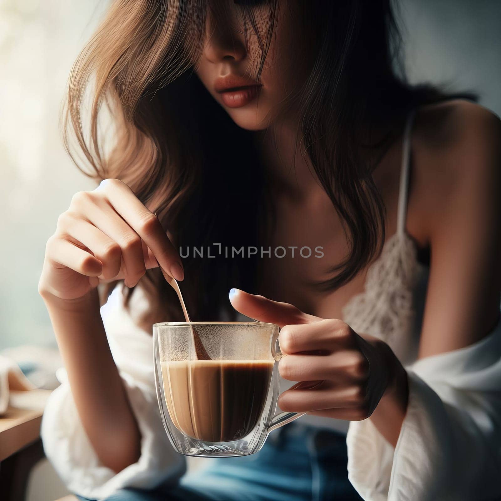 Close-up hands of attractive asian girl stirs cappuccino in a mug with a spoon