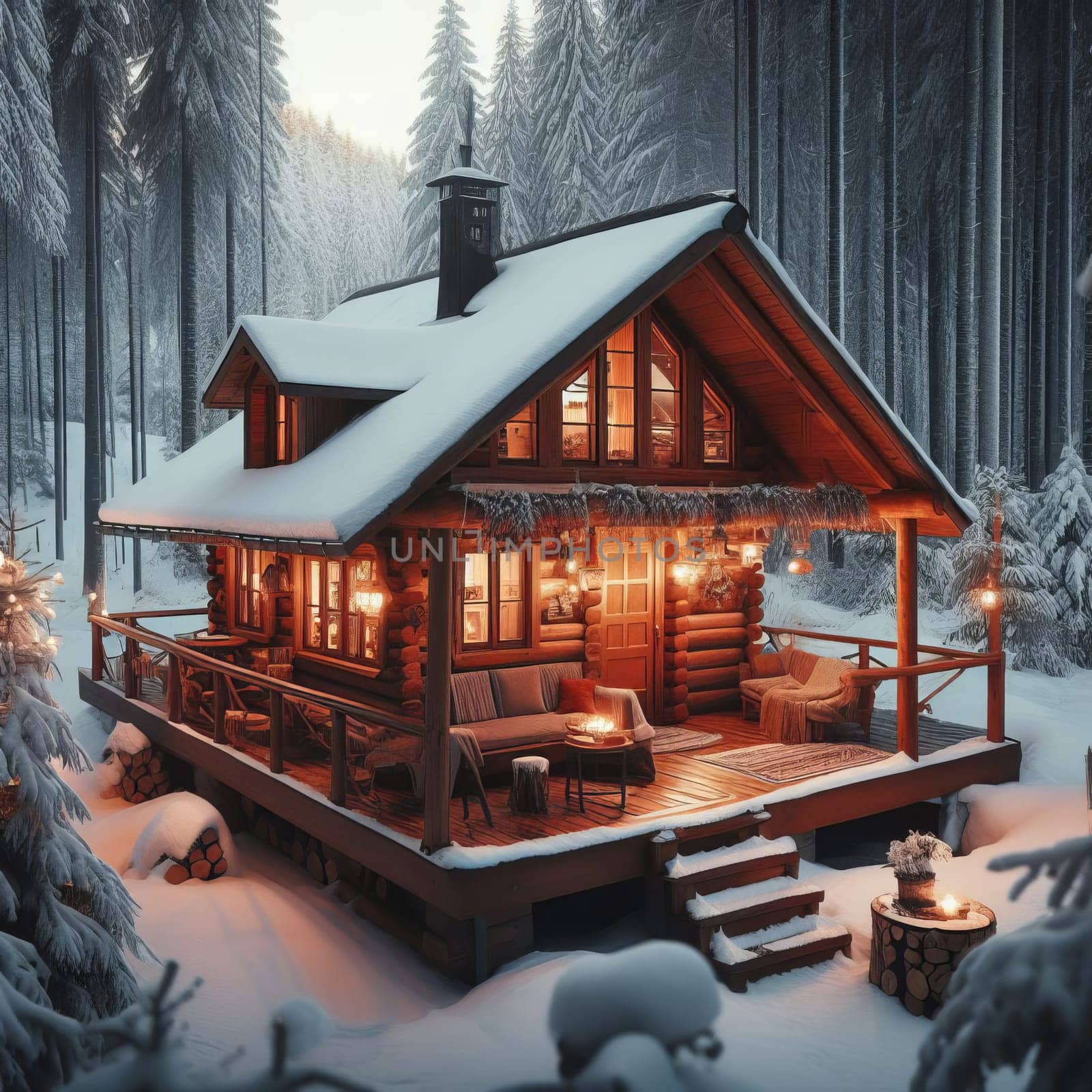 A cozy log cabin in the frozen woods with snow on the roof and warm glow from the windows. by sfinks
