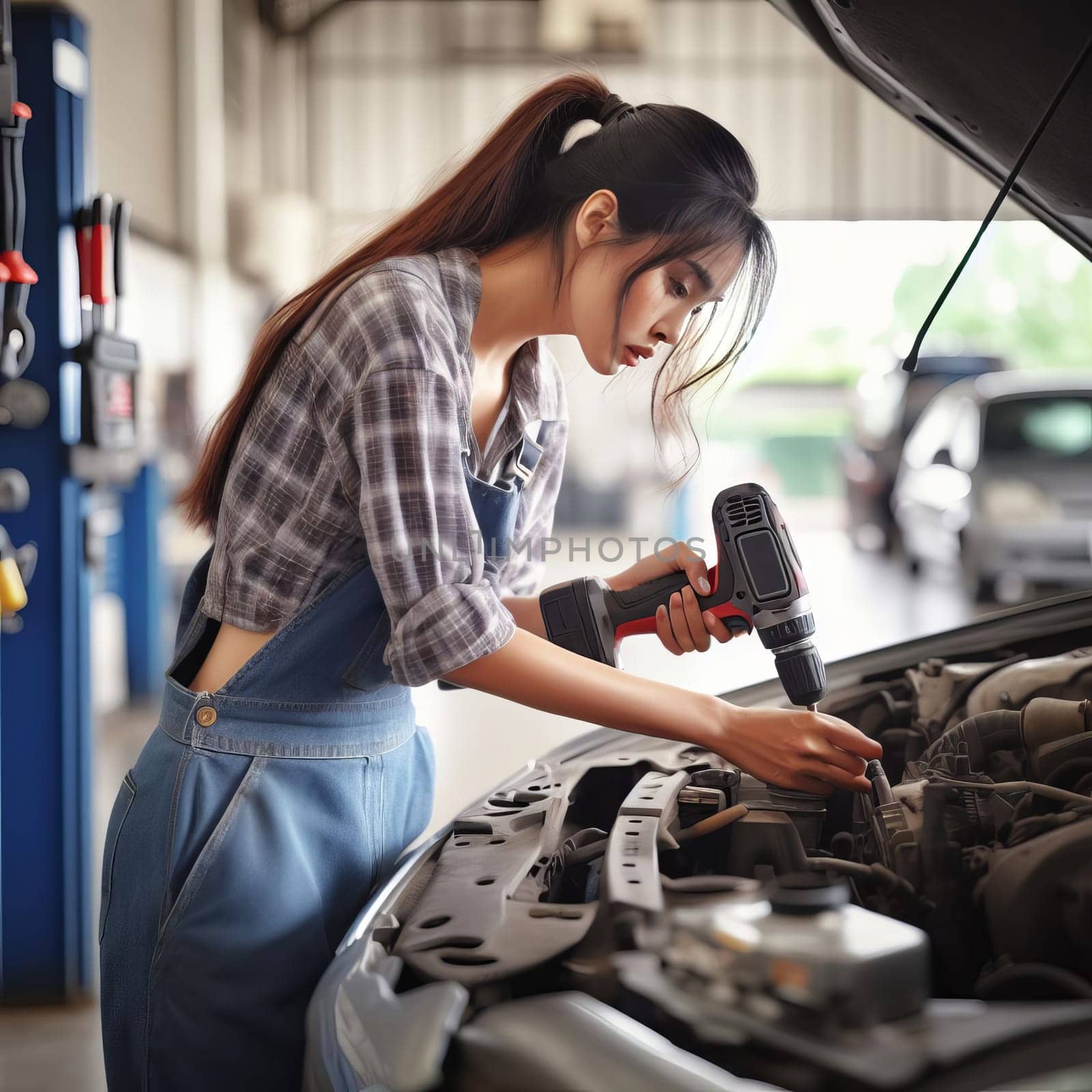Pretty asian woman in a plaid shirt and jeans overalls is working on a car engine in a garage, using a power tool.