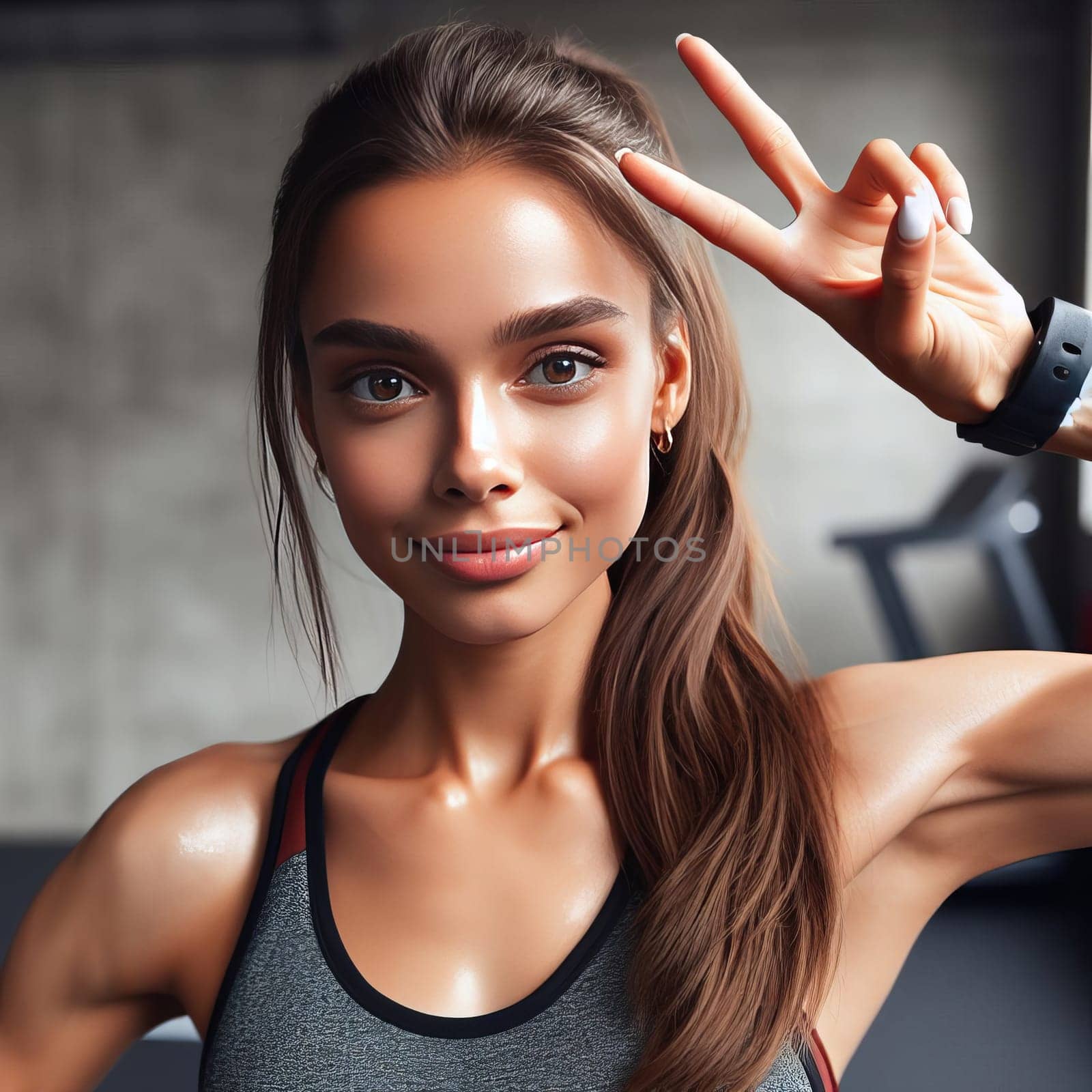 Fit young woman in sportswear making a peace sign and looking to camera. V sign gesture