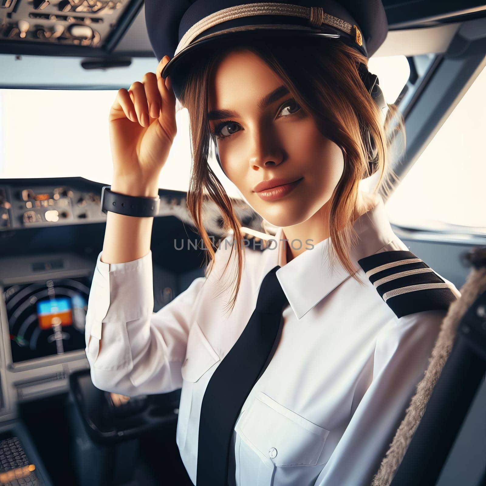 Female pilot in cockpit of an airplane, wearing a white uniform and black hat with gold stripes. by sfinks