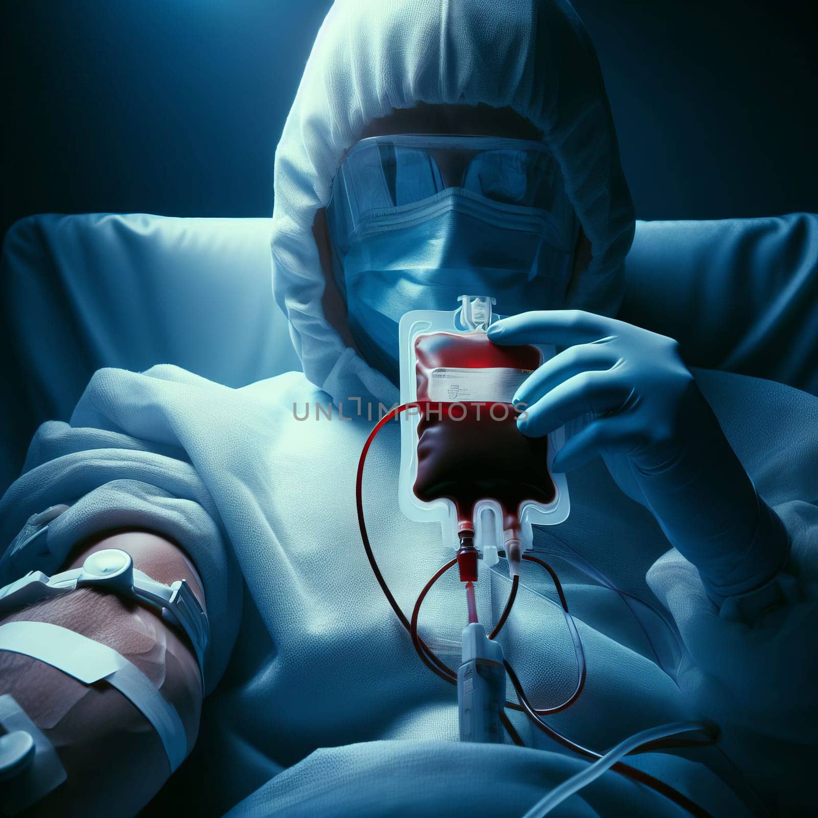 Human in full protective gear handling a blood bag in a dark room with blue lighting during blood donation