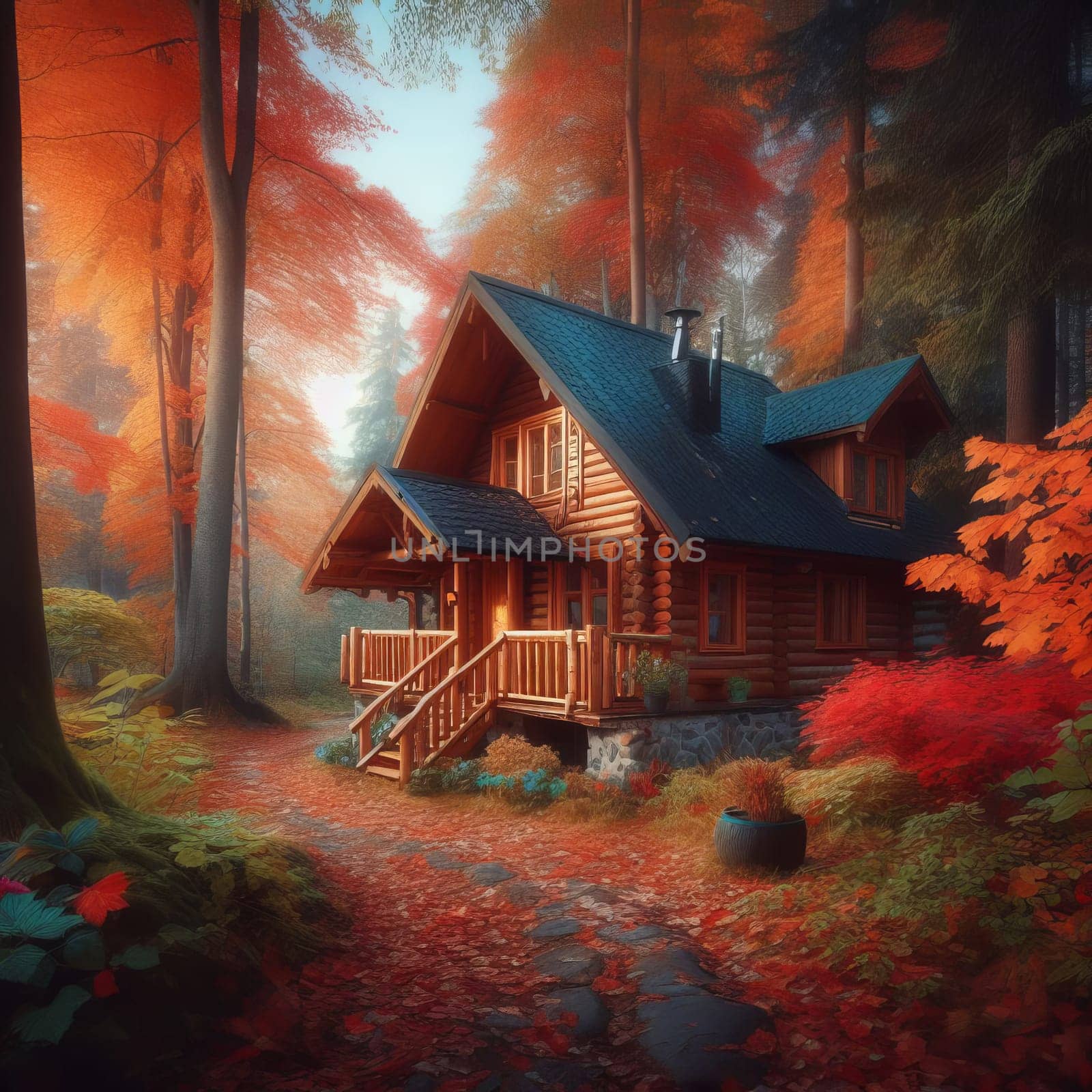 Log cabin nestled in woods with vibrant autumn foliage, stone path leading up to it. by sfinks