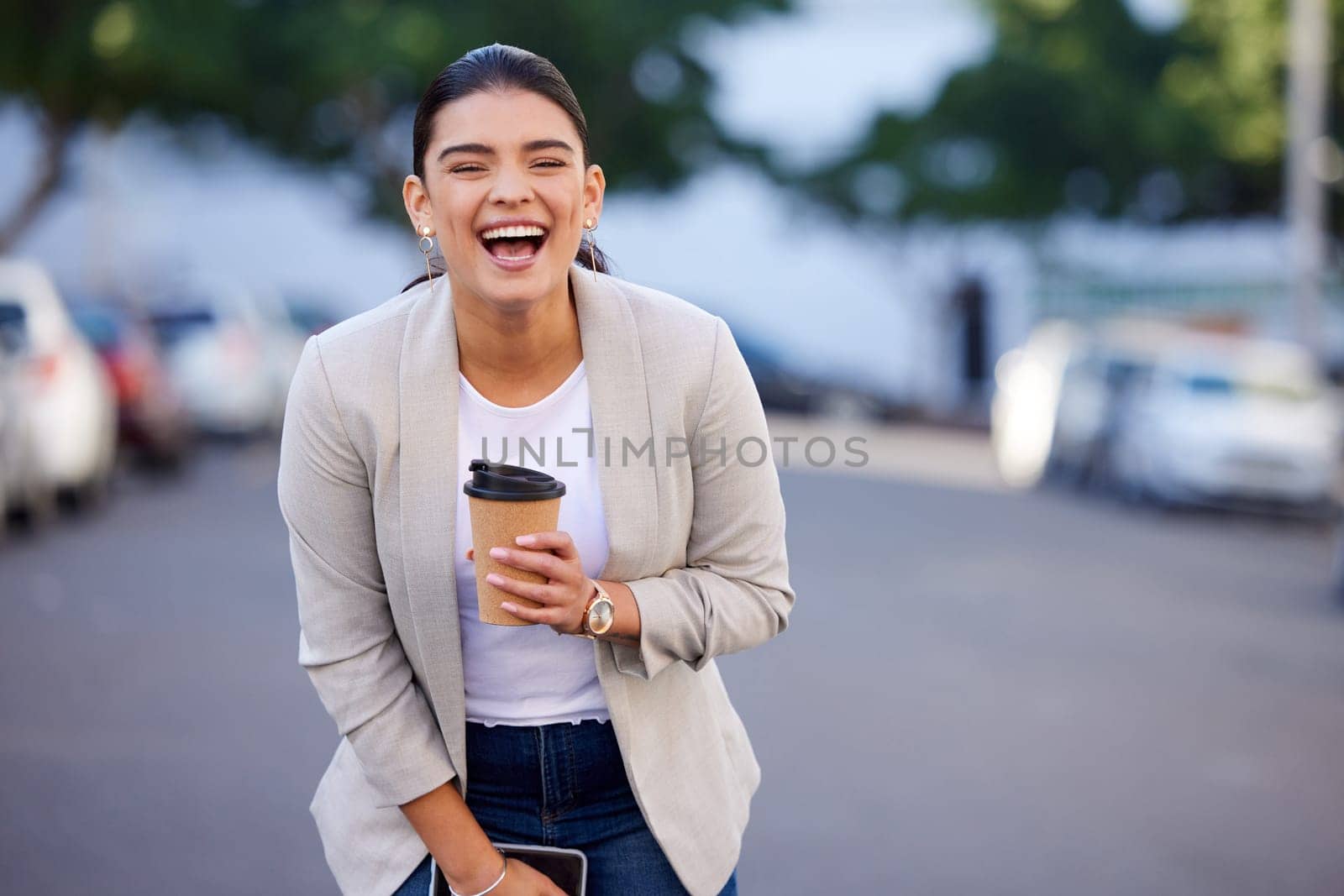 Businesswoman, laugh and smile in portrait with smartphone on lunch break with coffee for relax in street. Joy, comic and relief from job or work with positive, happiness and confidence with pride.