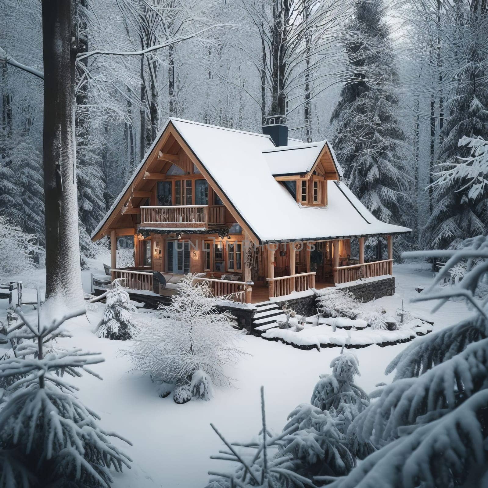 A beautiful wooden cabin in the woods covered in snow, surrounded by tall trees under a light blue sky