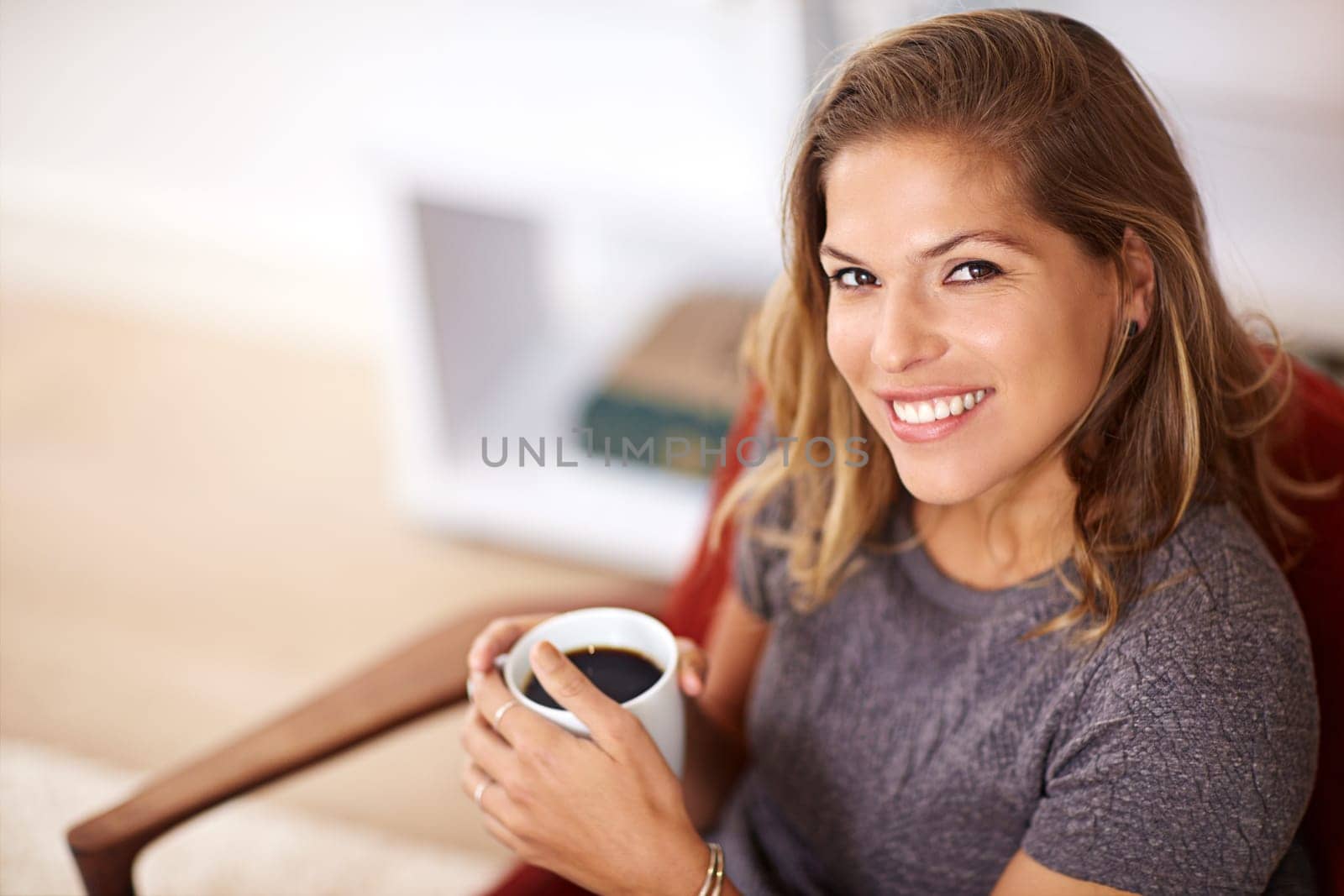 Woman, relax and portrait in home with coffee for morning, vacation and stress relief in summer. House, smile and happy female person with warm beverage for holiday, peace and calm in high angle.