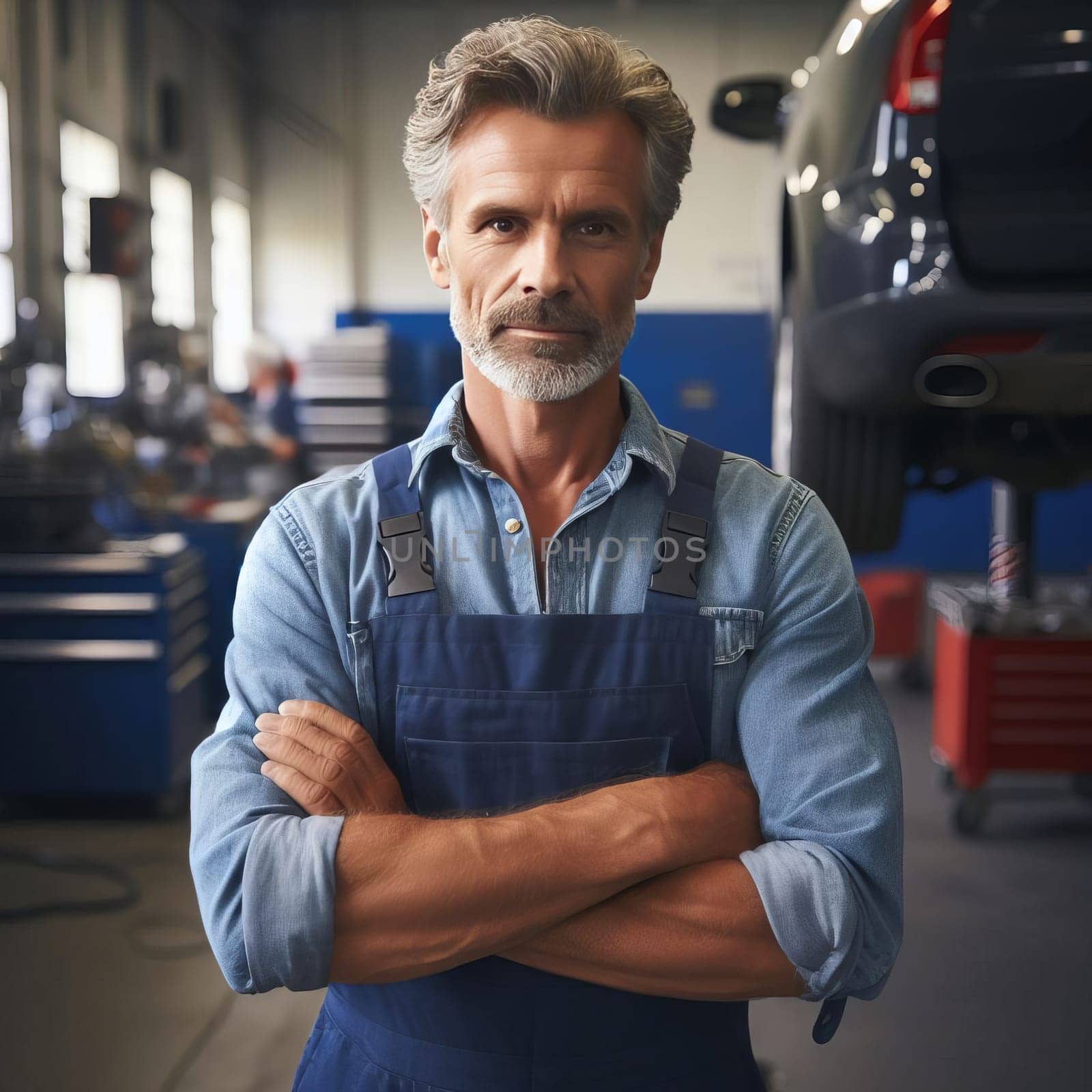 A mechanic in a blue jumpsuit with a tool belt around his waist, standing in a garage with his arms crossed