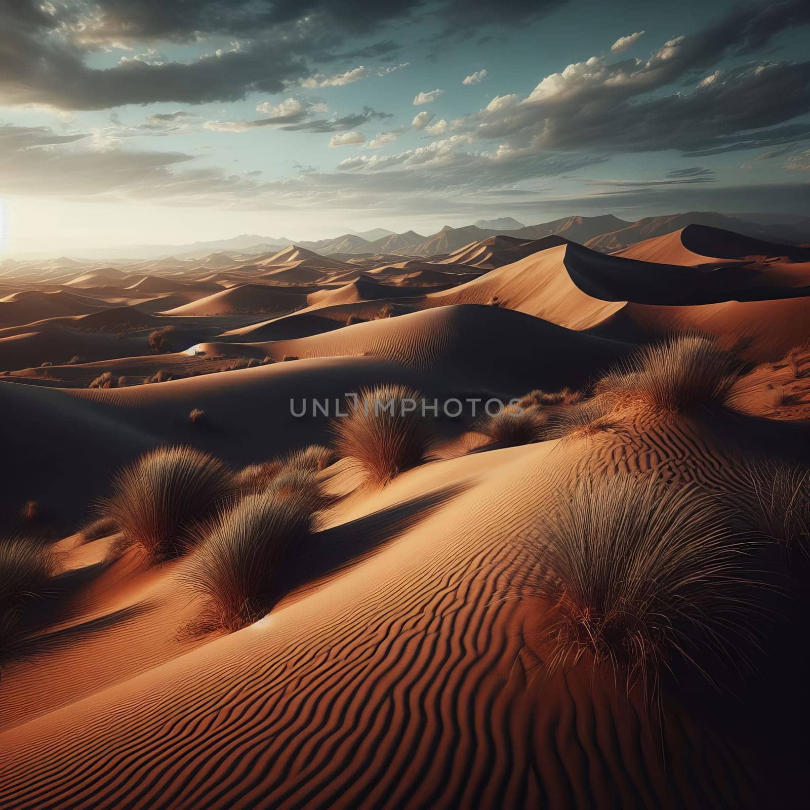 Desert landscape with sand dunes and shrubs, bathed in the warm glow of a setting sun