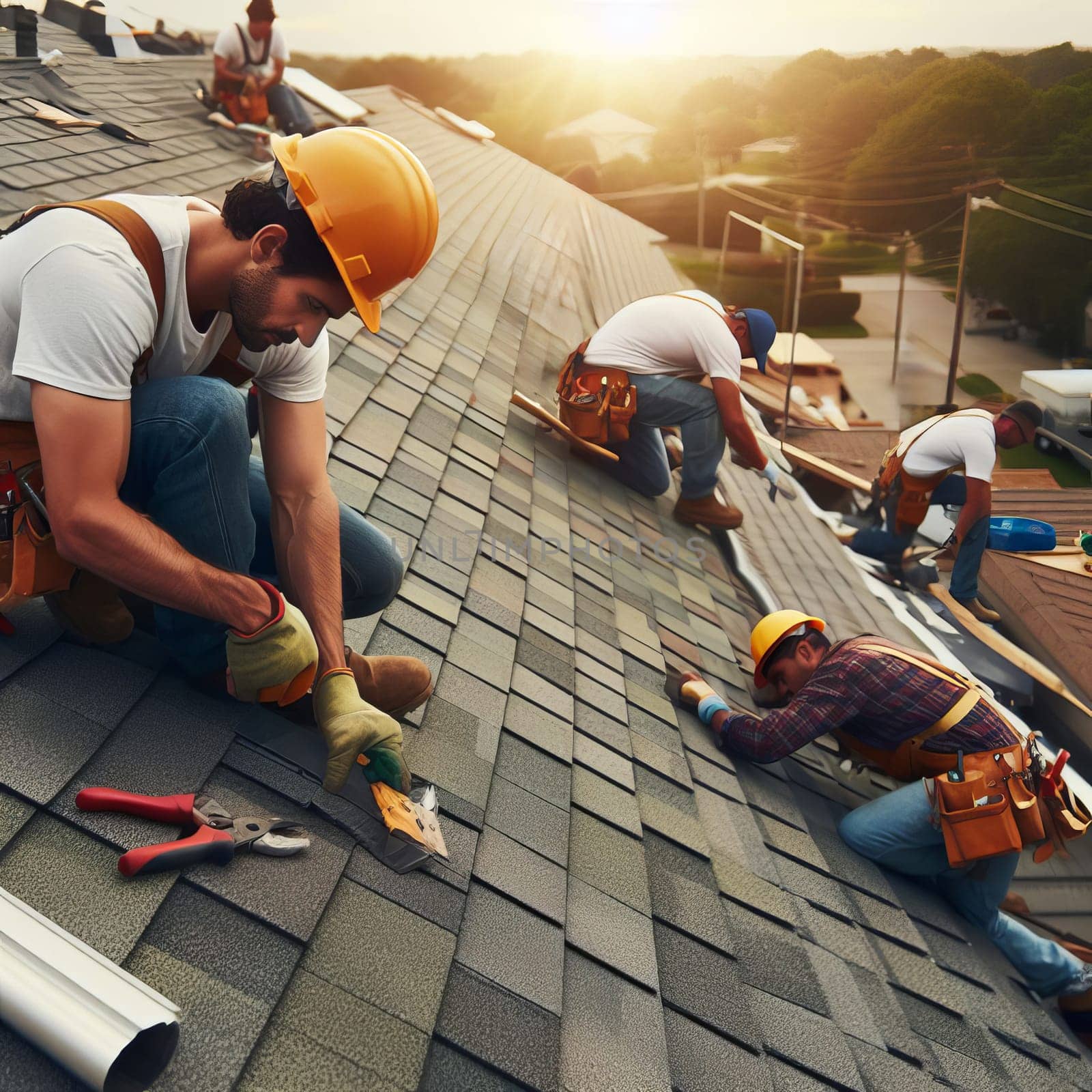 A group of construction workers installing shingles on a roof at sunset. High-altitude work