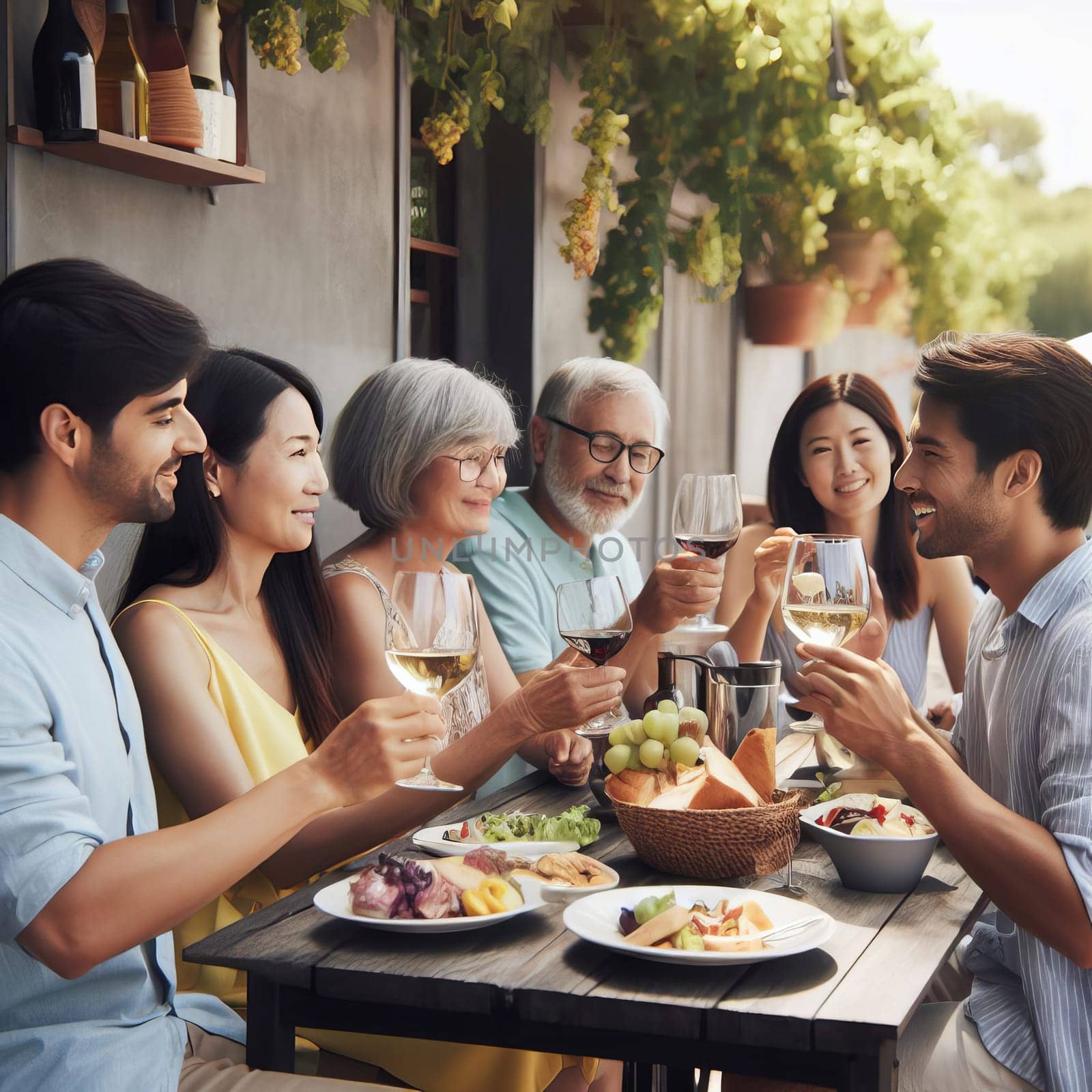 Group of multiracial people enjoying a meal under a vine-covered pergola on a warm, sunny patio