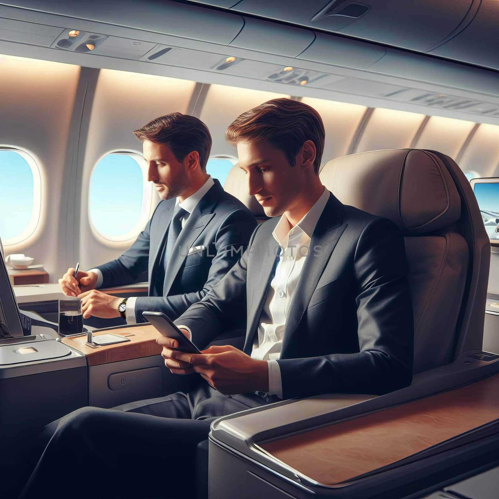 Two businessmen in first class airplane seats, one using a laptop, the other a phone