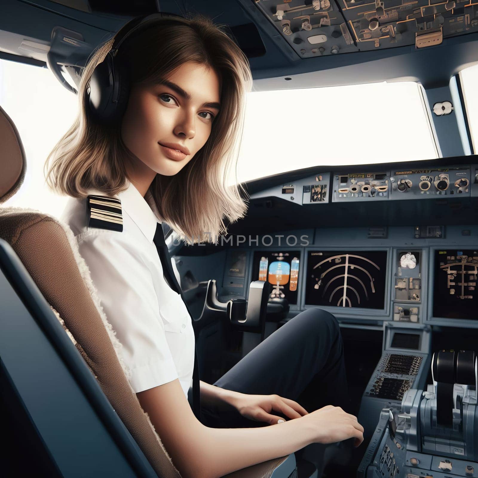 Female pilot captain in cockpit of an airplane, wearing a white uniform and headset. by sfinks