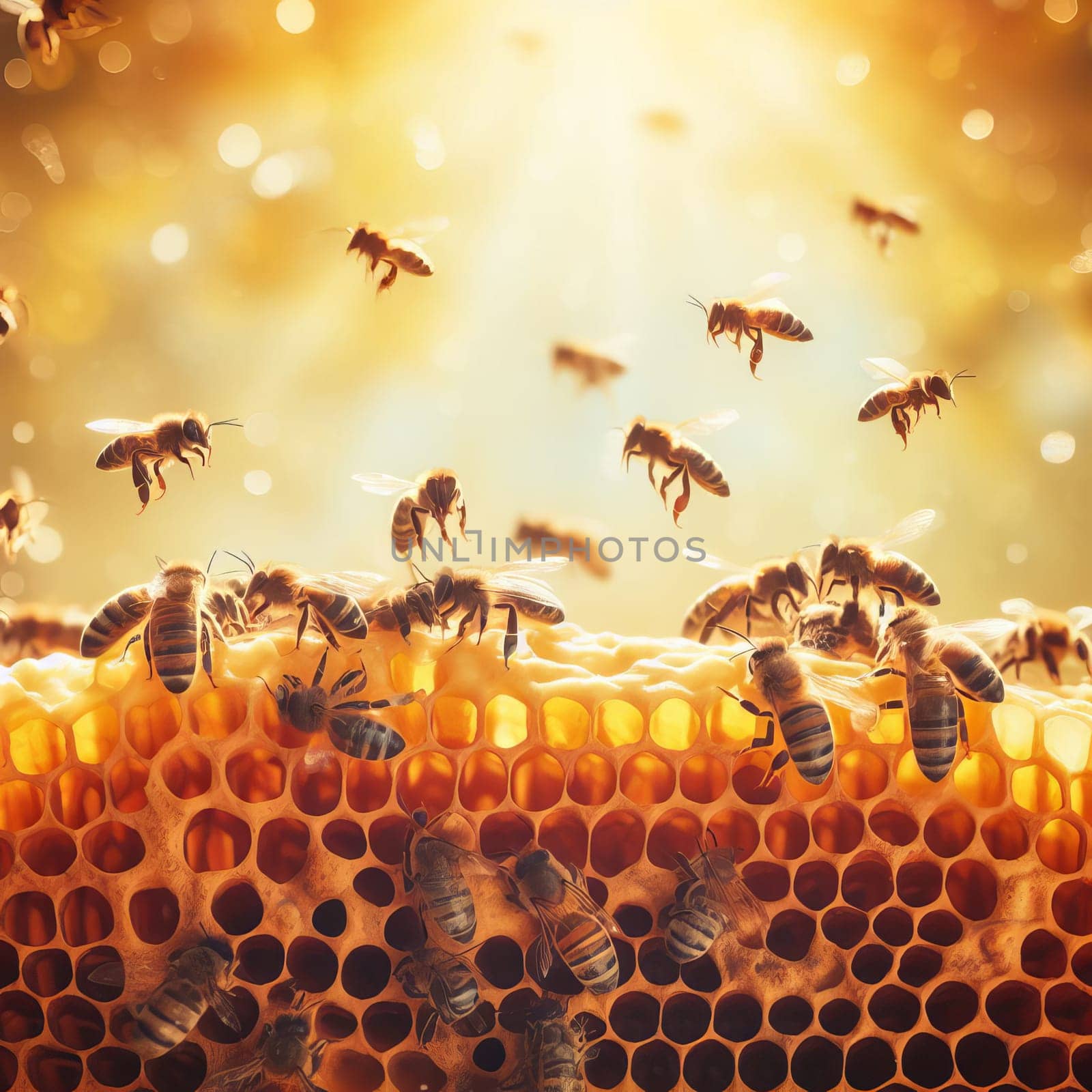 A close-up of a honeycomb with bees crawling on it, illuminated by a warm orange light. by sfinks