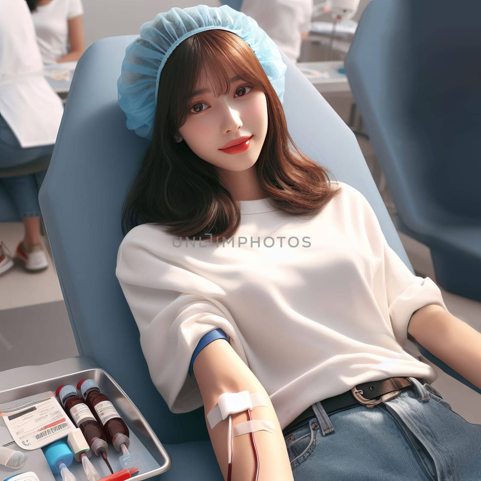 A young asian woman is donating blood in a medical facility. She is wearing a white shirt and blue jeans and is sitting in a blue chair with a tray of blood vials next to her