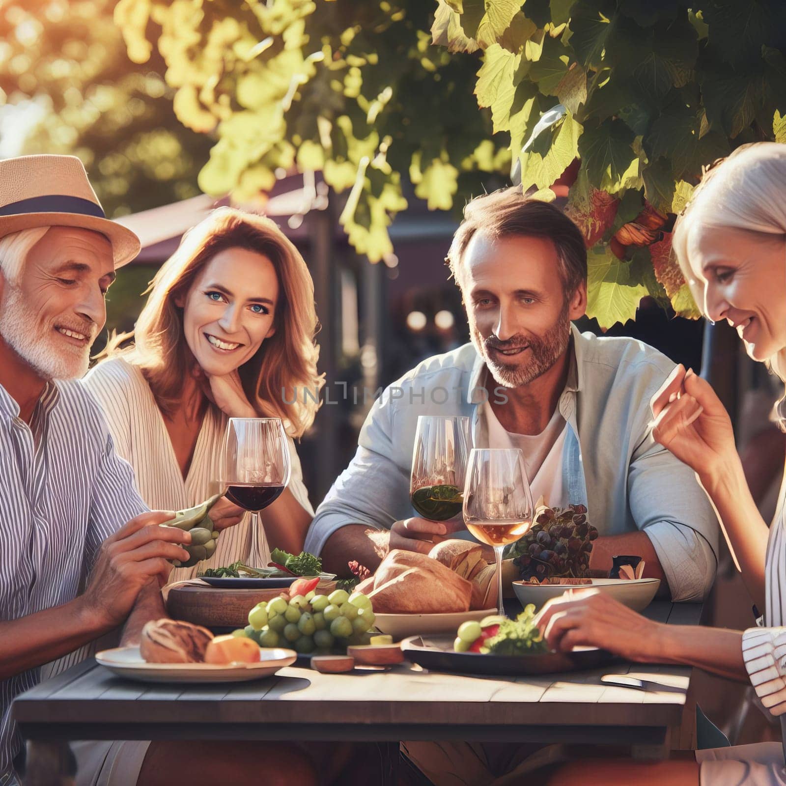 A group of people enjoying a meal and wine at an outdoor restaurant, backlit by the sun, creating a warm, summery atmosphere