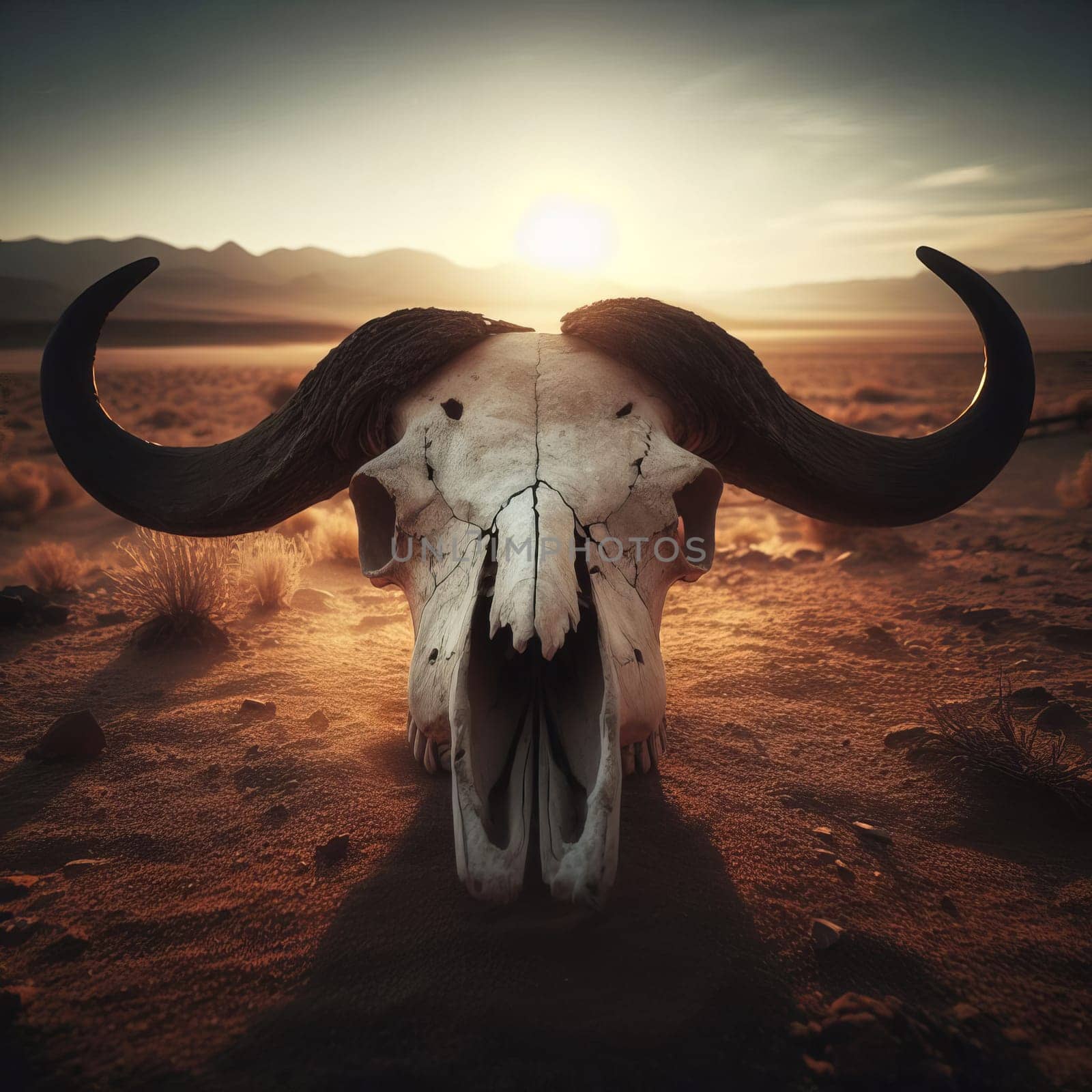 Close-up low angle view of a buffalo skull in a desert landscape with a sunrise in the background