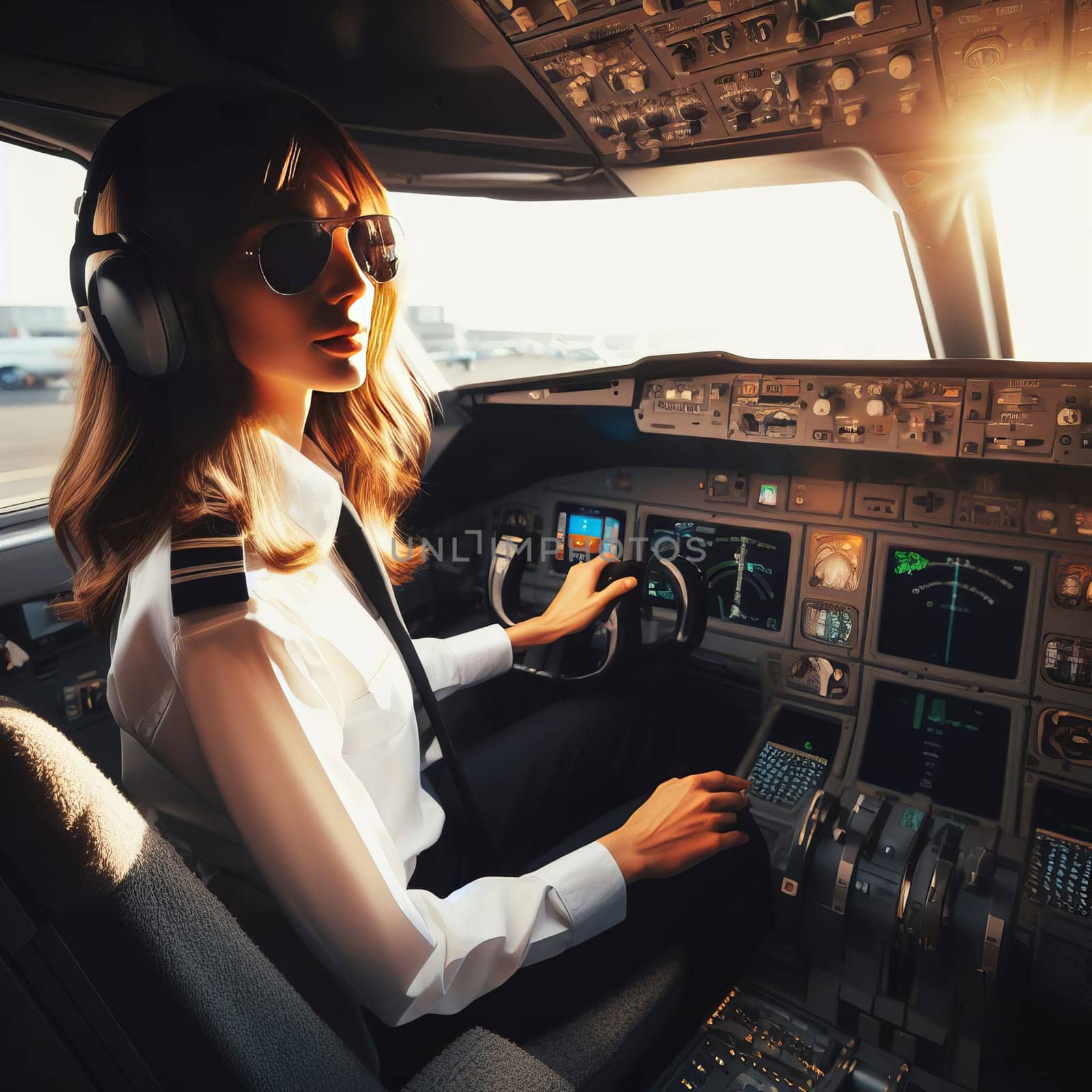 Female captain in the cockpit of an airplane, sun shining through the window. A woman pilot operating the controls in a sunny flight deck