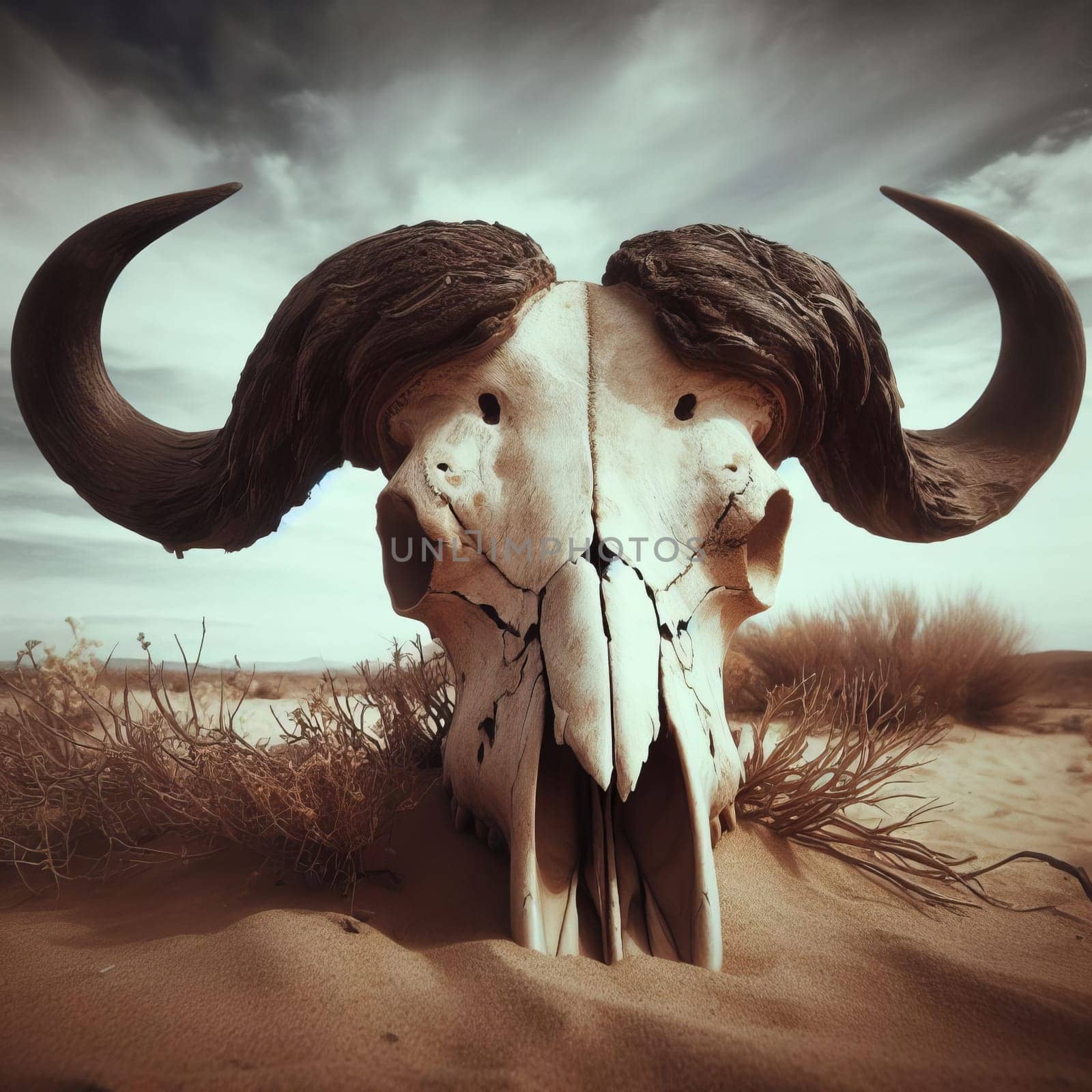 A weathered cow skull lying on the ground. Dried bull skull with dark, curved horns lie on sand on sky background - forest pollution