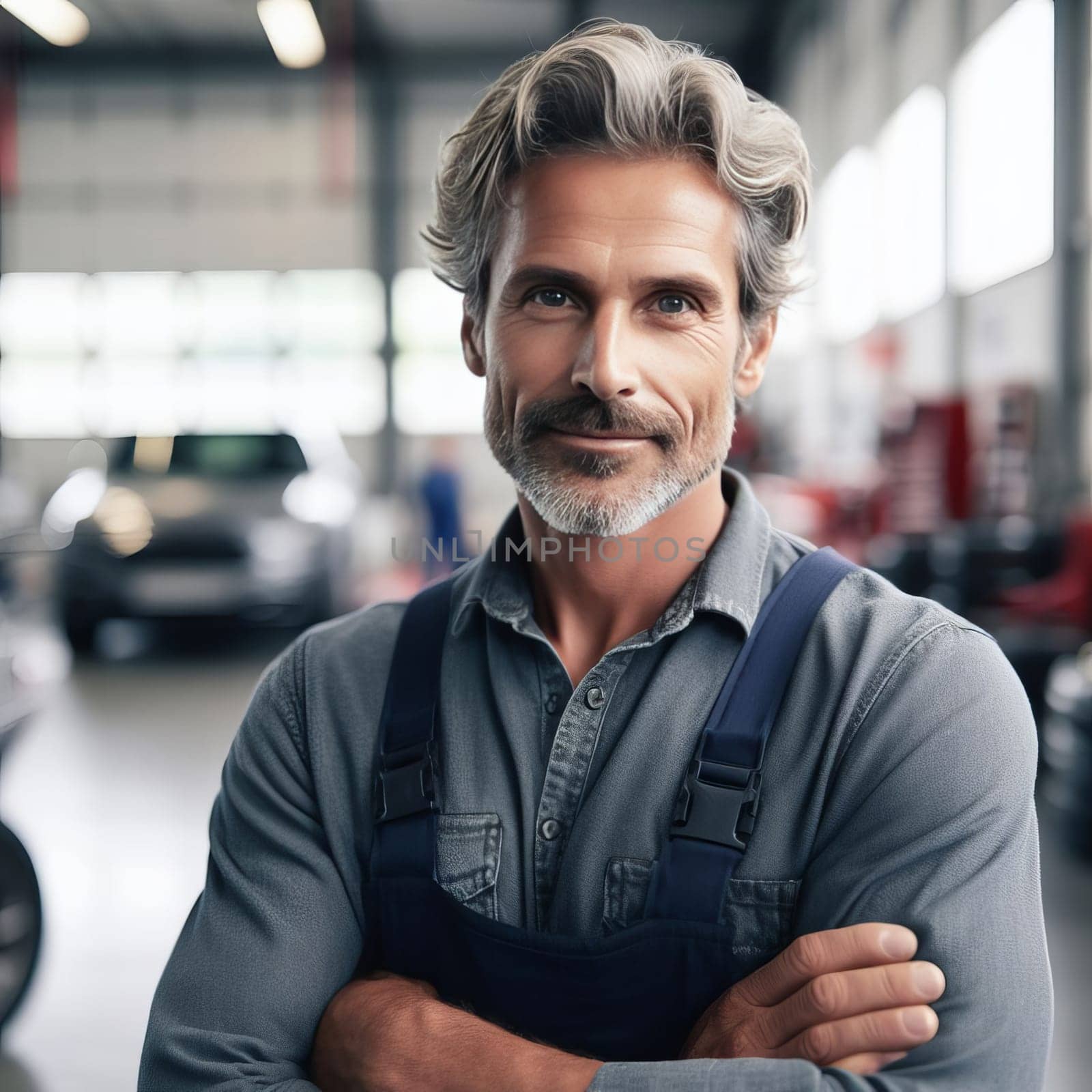 Portrait of a mechanic with crossed arms in a garage, cars in the background. Specialist looks at a camera and smiles in a car service