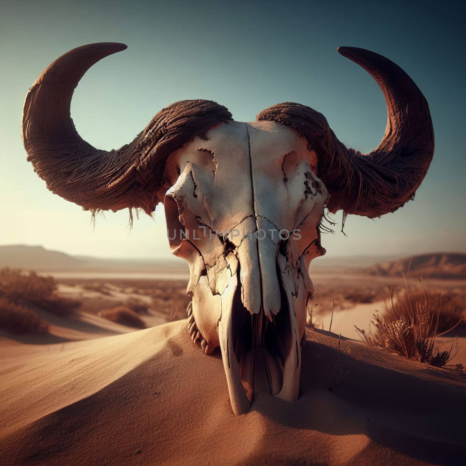 A weathered cow skull with dark, curved horns in a desert landscape with distant mountains