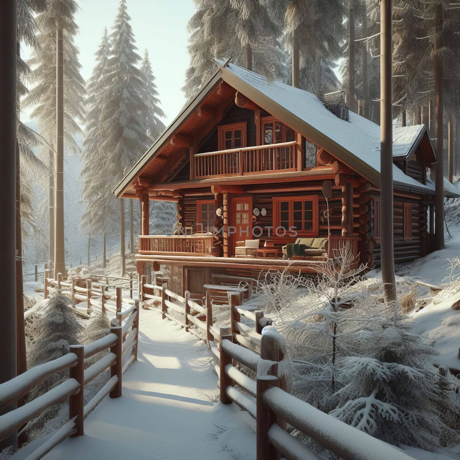 A photo realistic image of a wooden cabin in a snowy forest. The cabin has a porch and a fence around it. The trees are covered in snow and the sky is blue