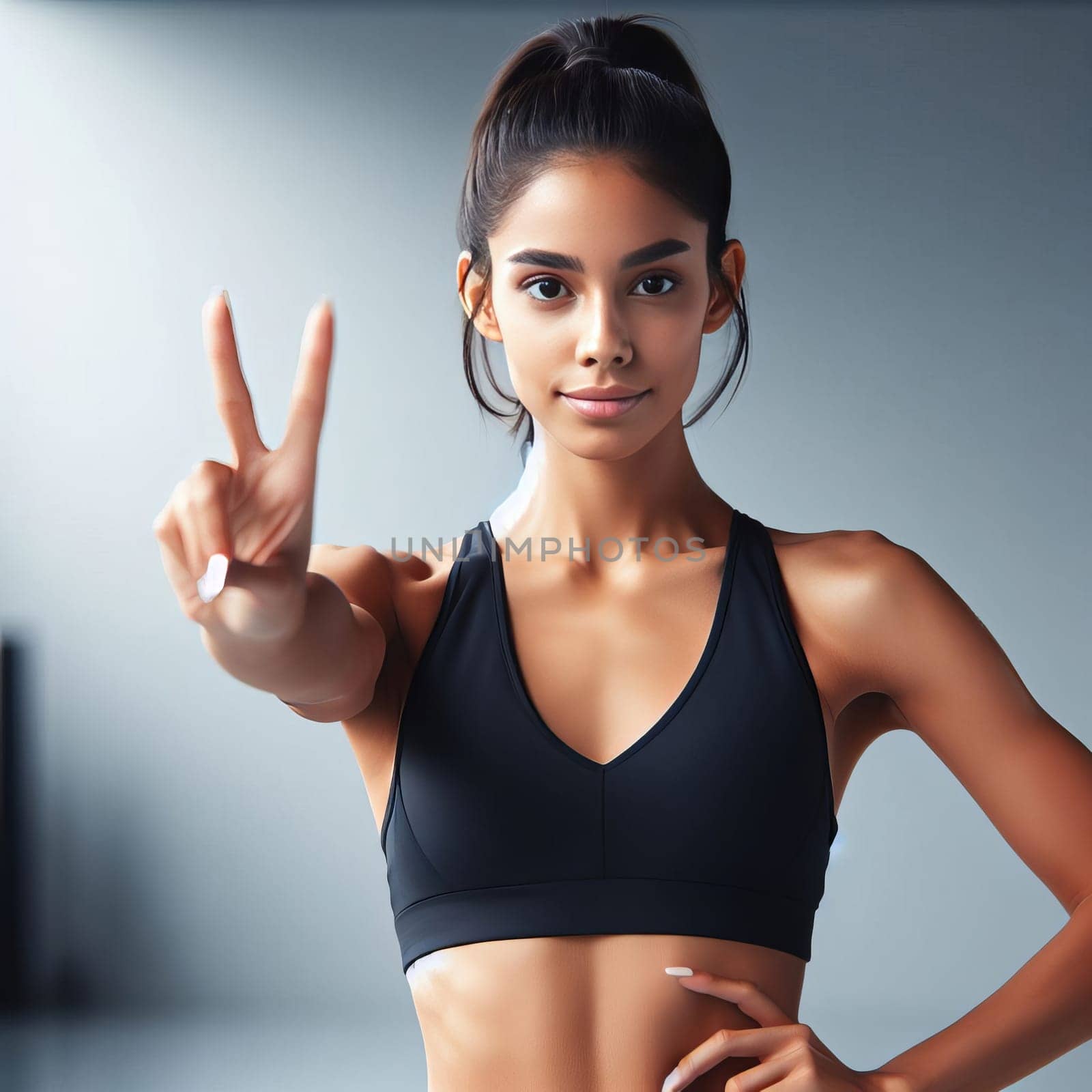 Young cute woman in a black sports bra making a peace sign, standing against a gray background. Beautiful fitness girl showing v-sign