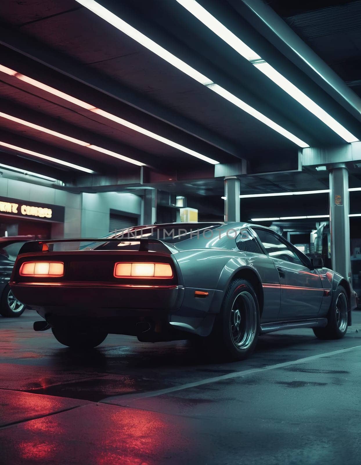 Classic dark blue sports car with stop lights in a dimly lit parking garage with neon lights