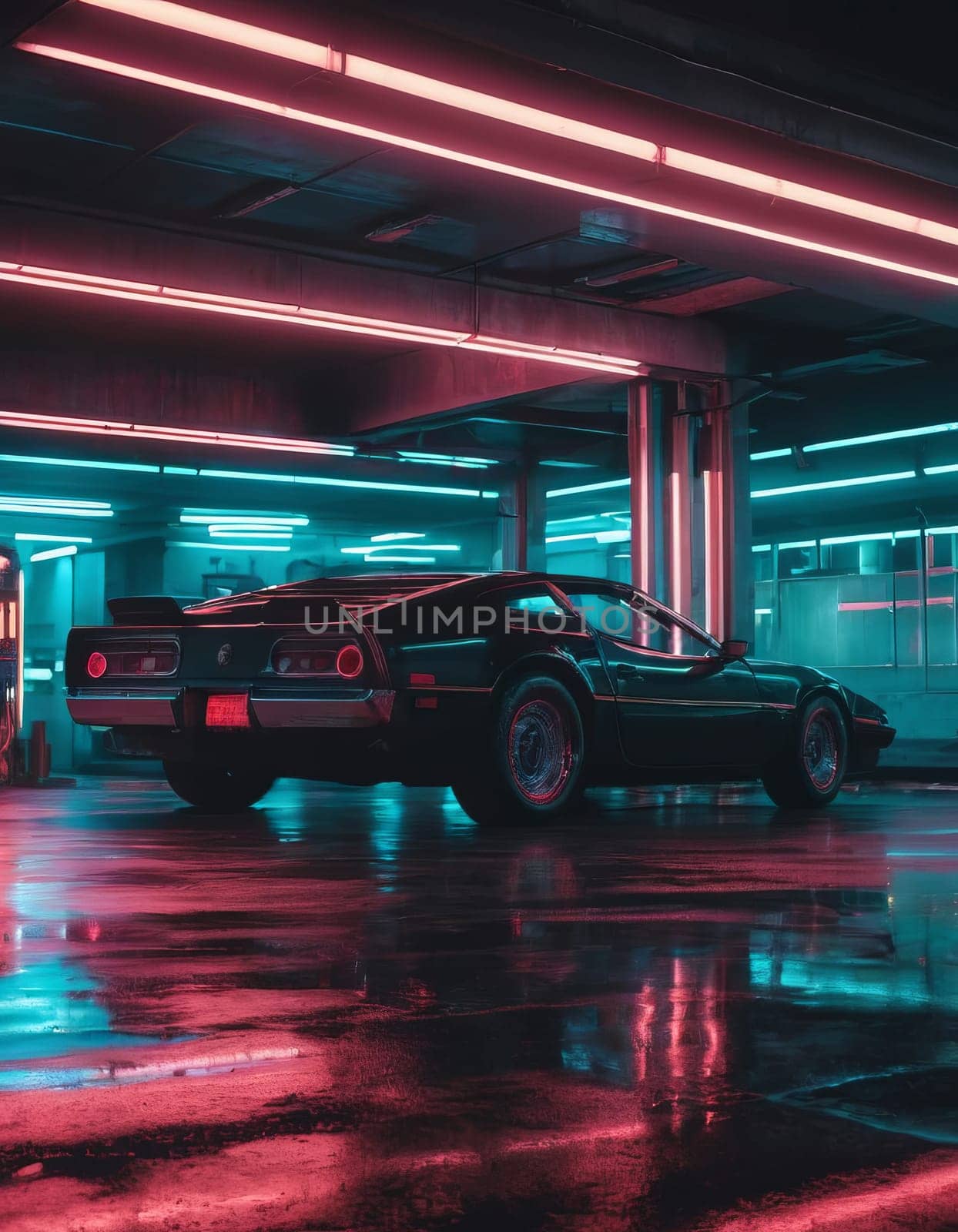 A black sports car parked in a neon-lit parking garage. The muscle car is a classic model with a sleek design and the garage is bathed in pink and blue light
