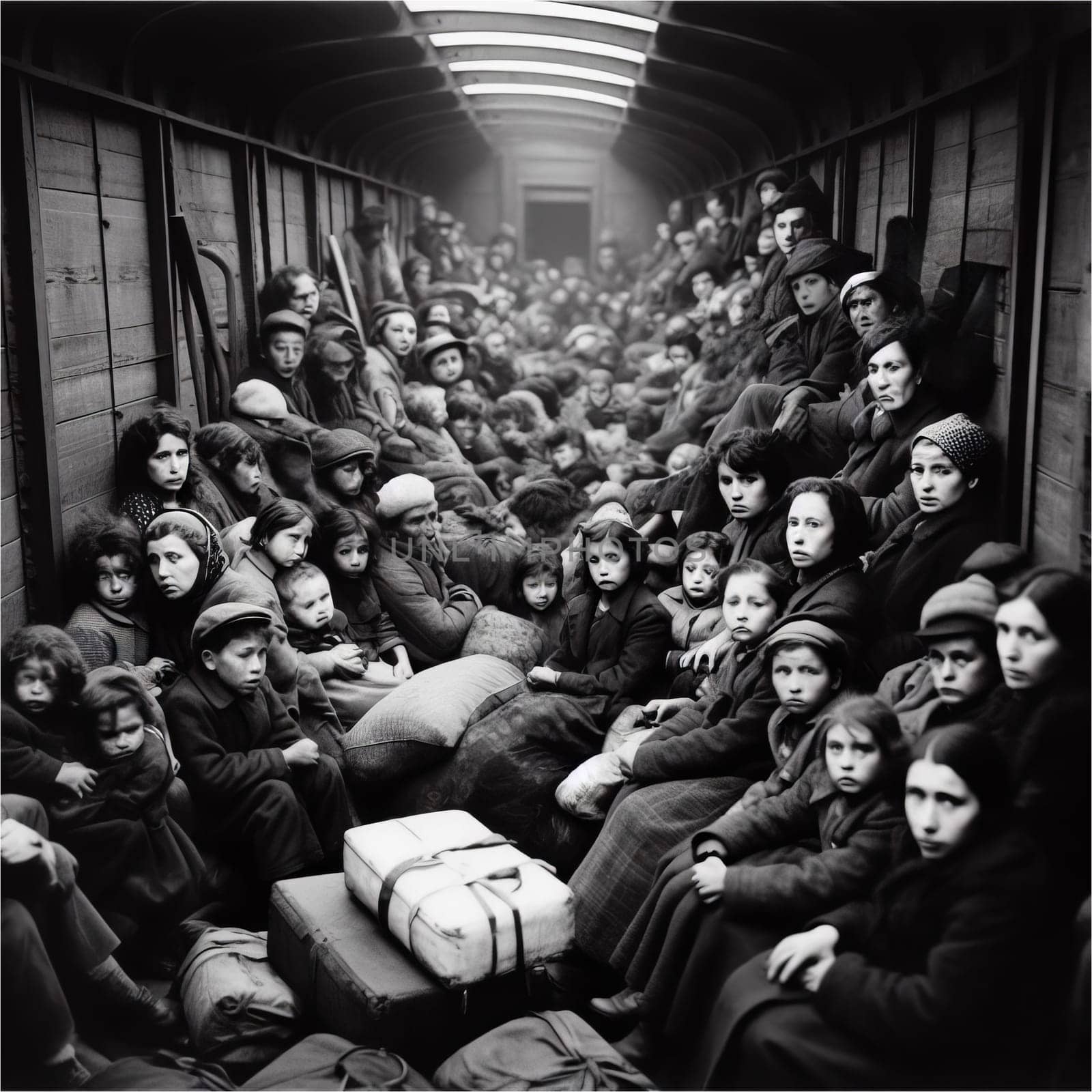 Black and white image of a crowded vintage train car with people refugees fleeing during the Second World War. by sfinks