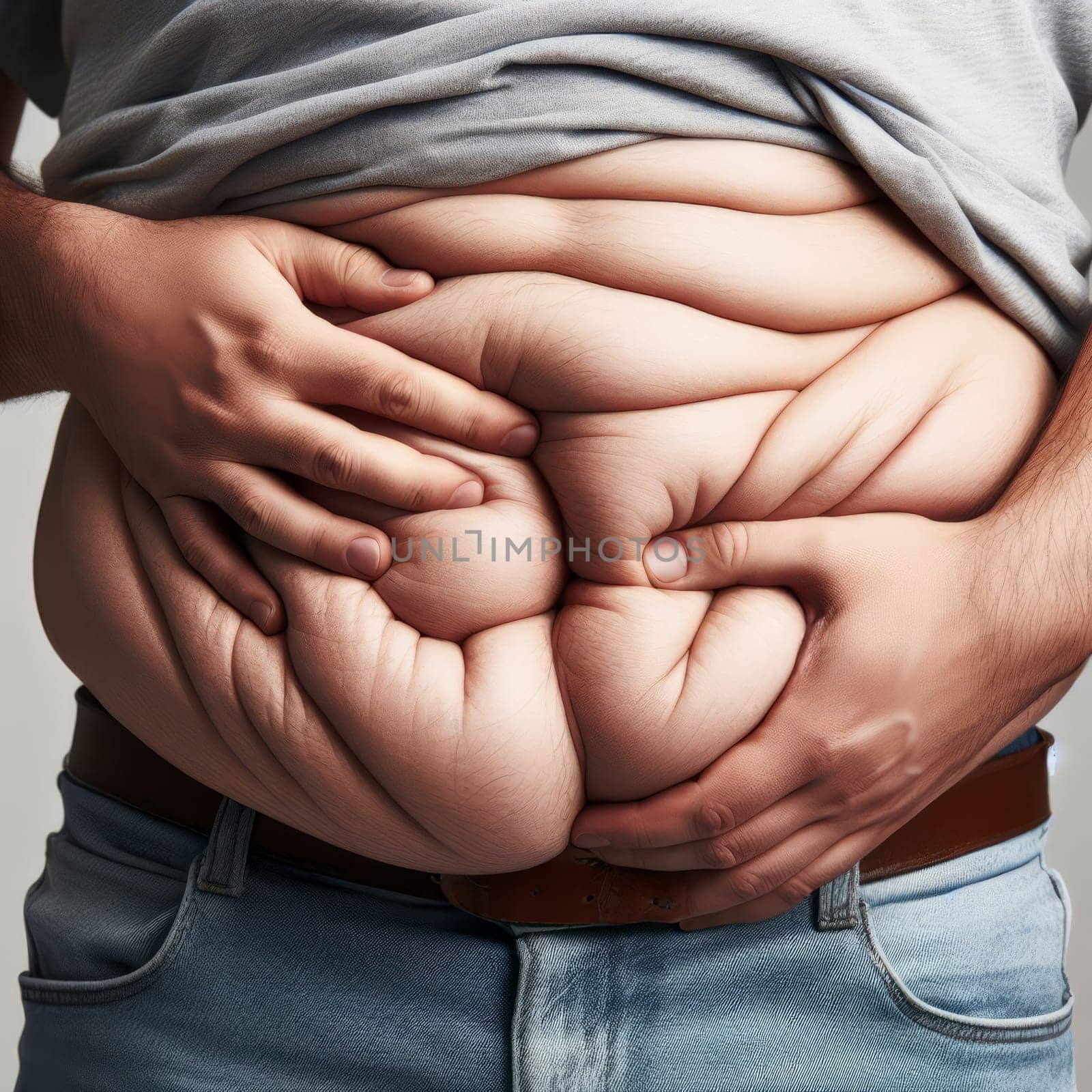 A close-up of a person midsection with their hands holding their stomach. The person is wearing a gray shirt and blue jeans. Overweight and obesity concept. Folds of belly fat