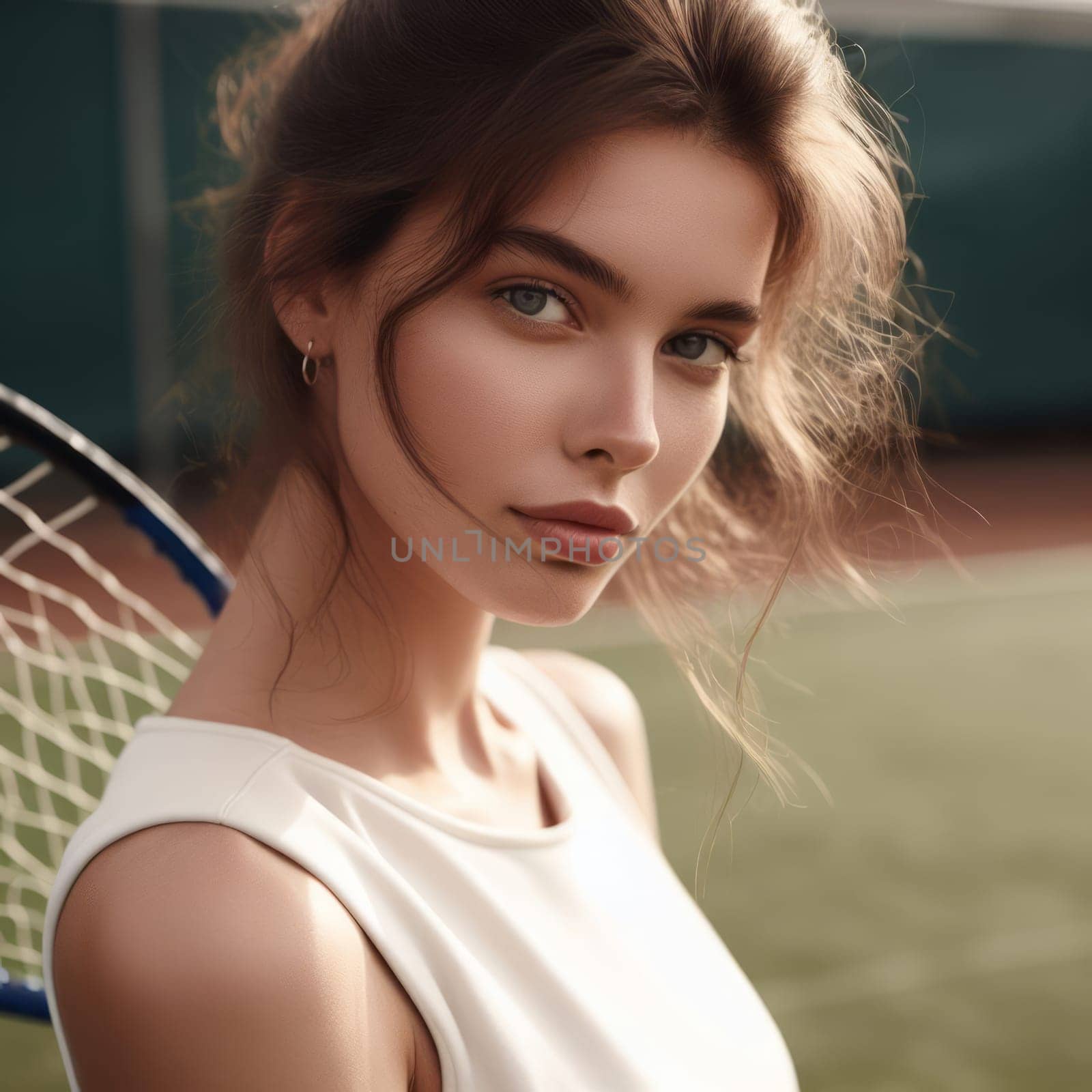 Young beautiful woman in a white dress holding a tennis racket on a tennis court