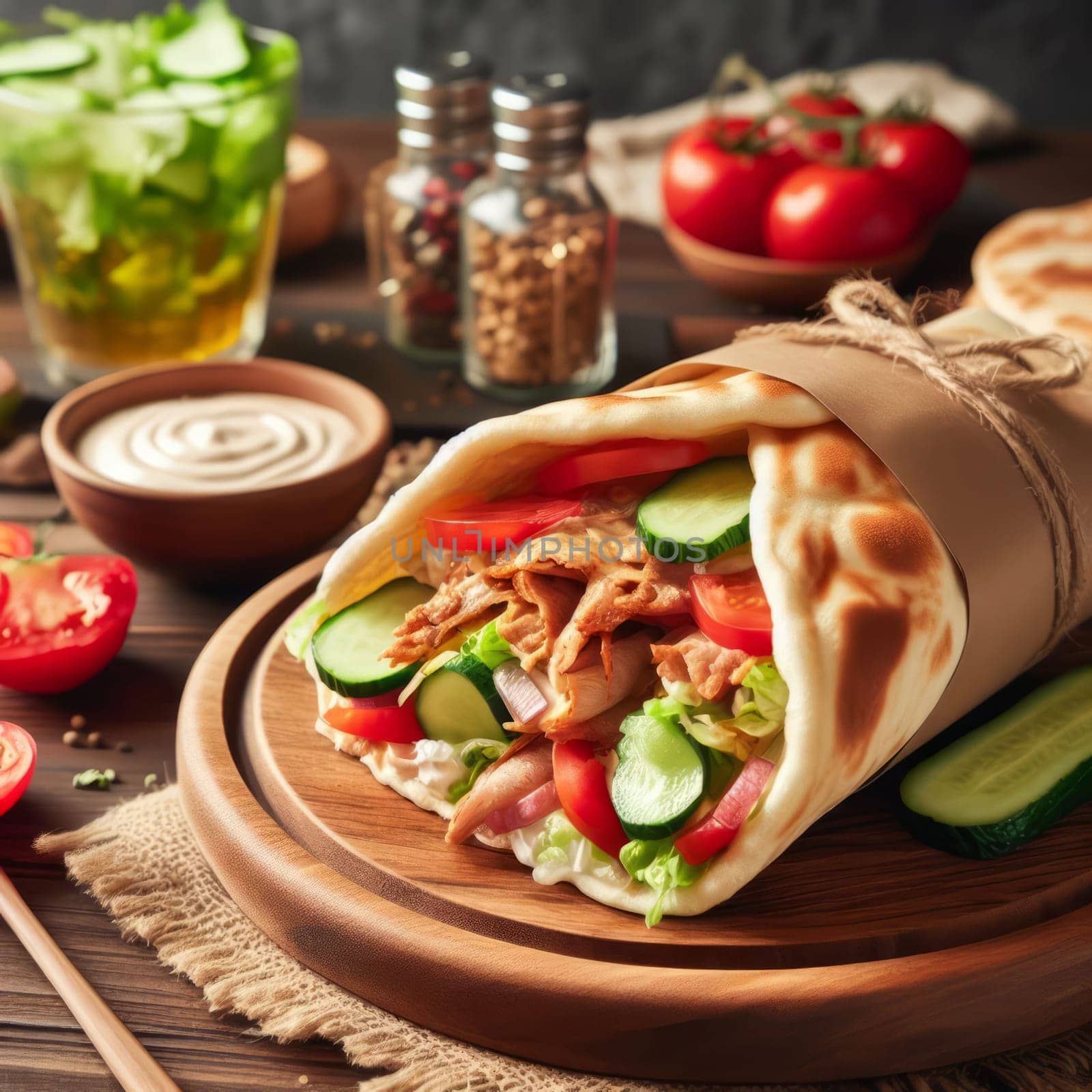 Delicious shawarma wrap on a wooden plate, with fresh vegetables and spices in the background
