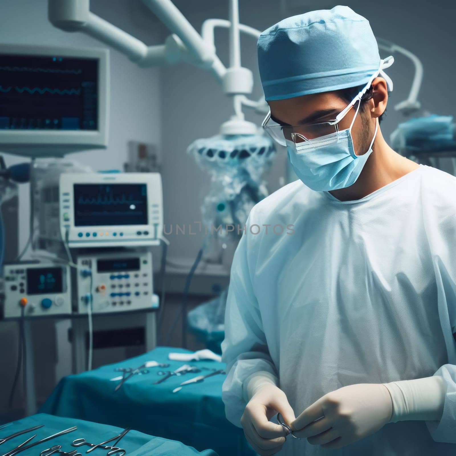 Surgeon in operating room, wearing surgical mask and cap, holding a surgical instrument