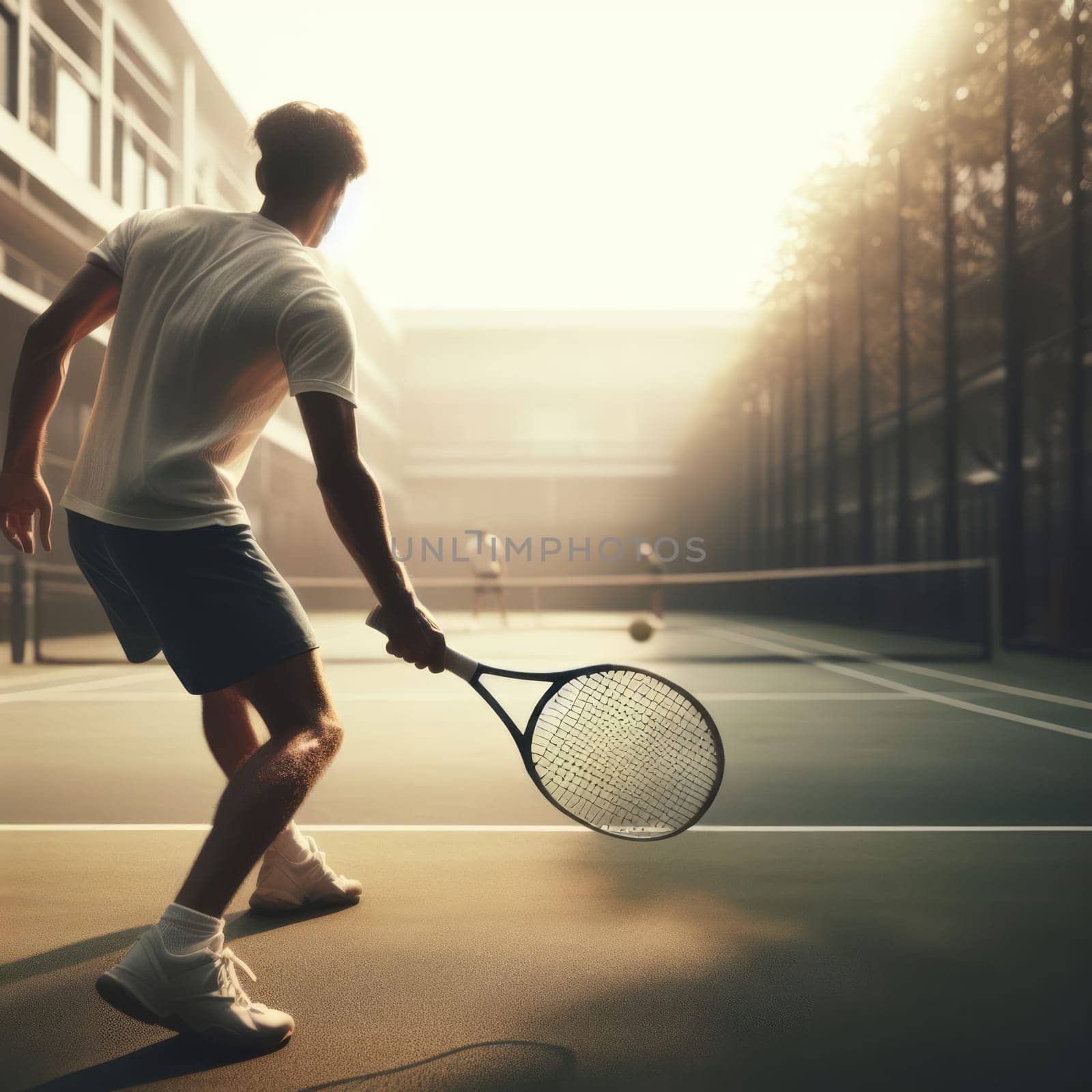 Men playing tennis on a court, with a beautiful sunrise in the background