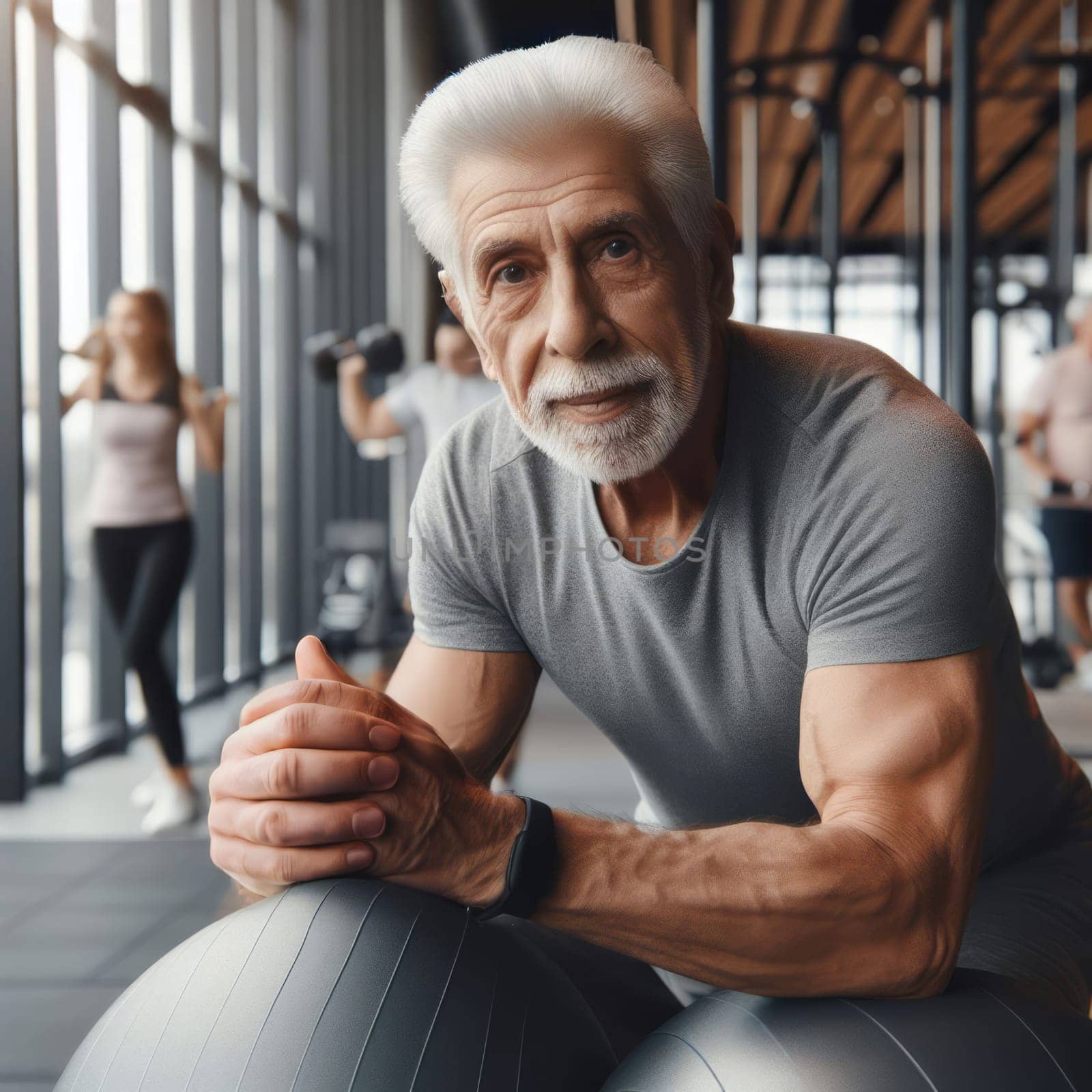 Elderly muscular man in gray t-shirt sitting on a gym ball in a gym with people working out on background. by sfinks