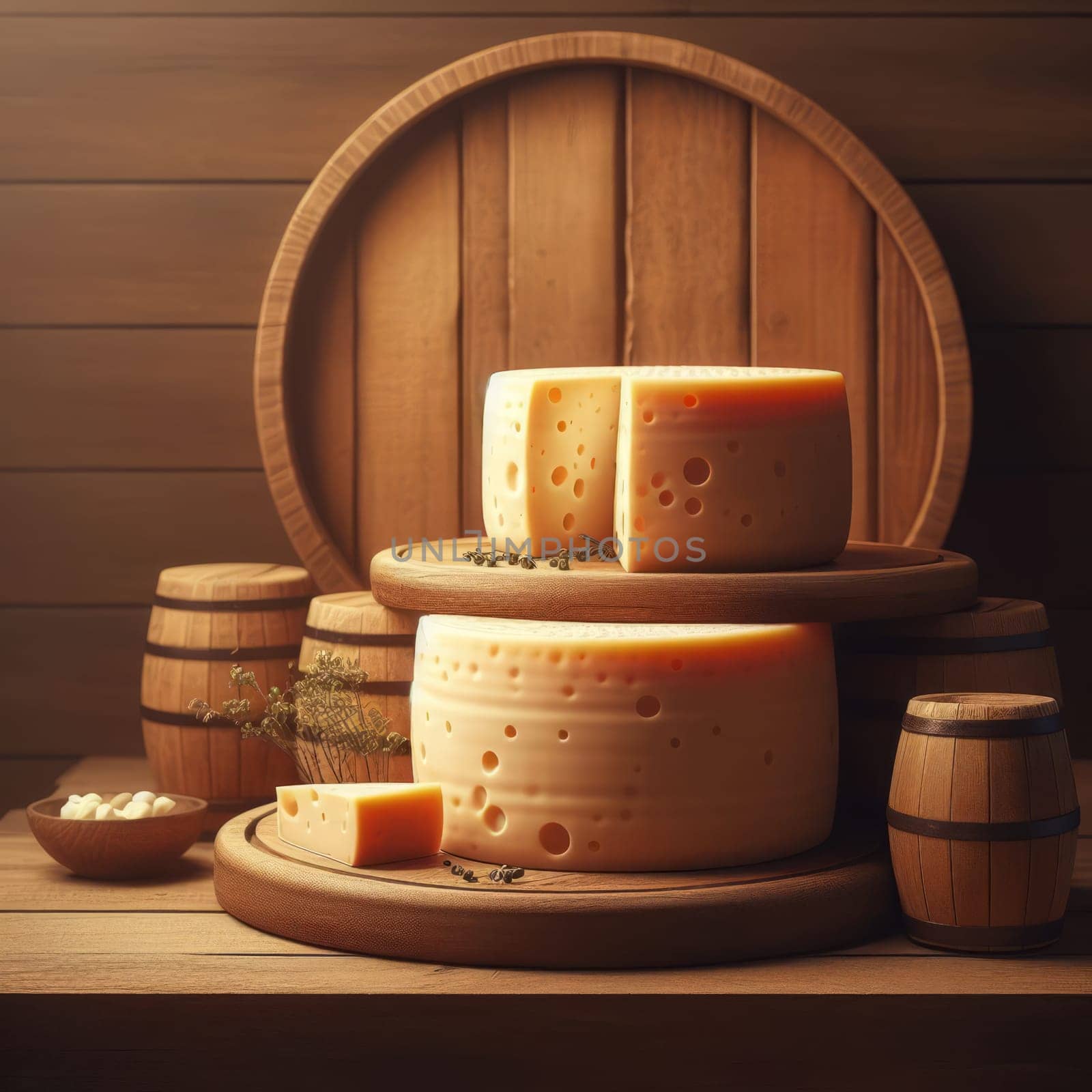 Two large wheels of cheese on a wooden table, with small barrels and a bowl of nuts in the background