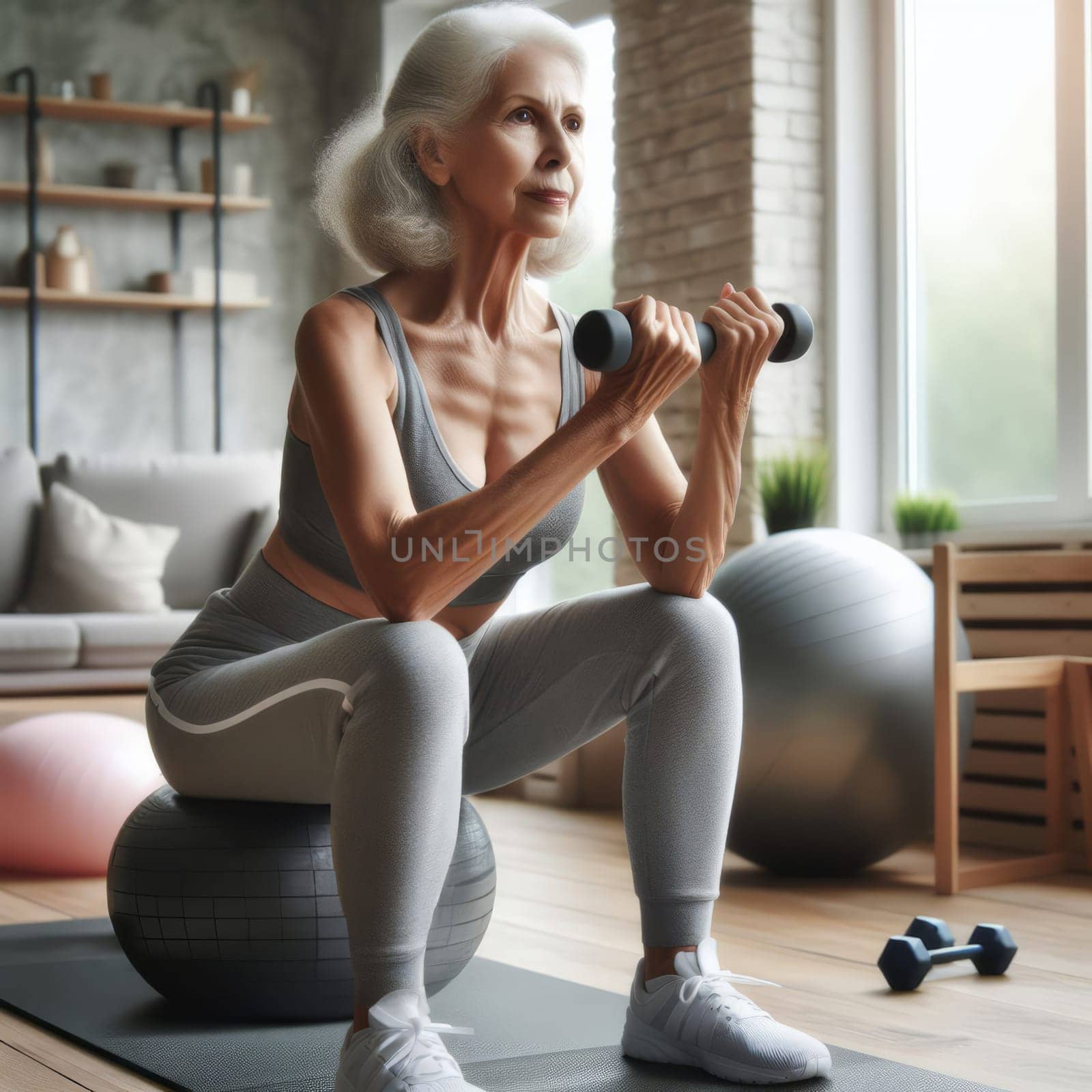 Senior woman exercising with dumbbells in a modern living room at home. by sfinks