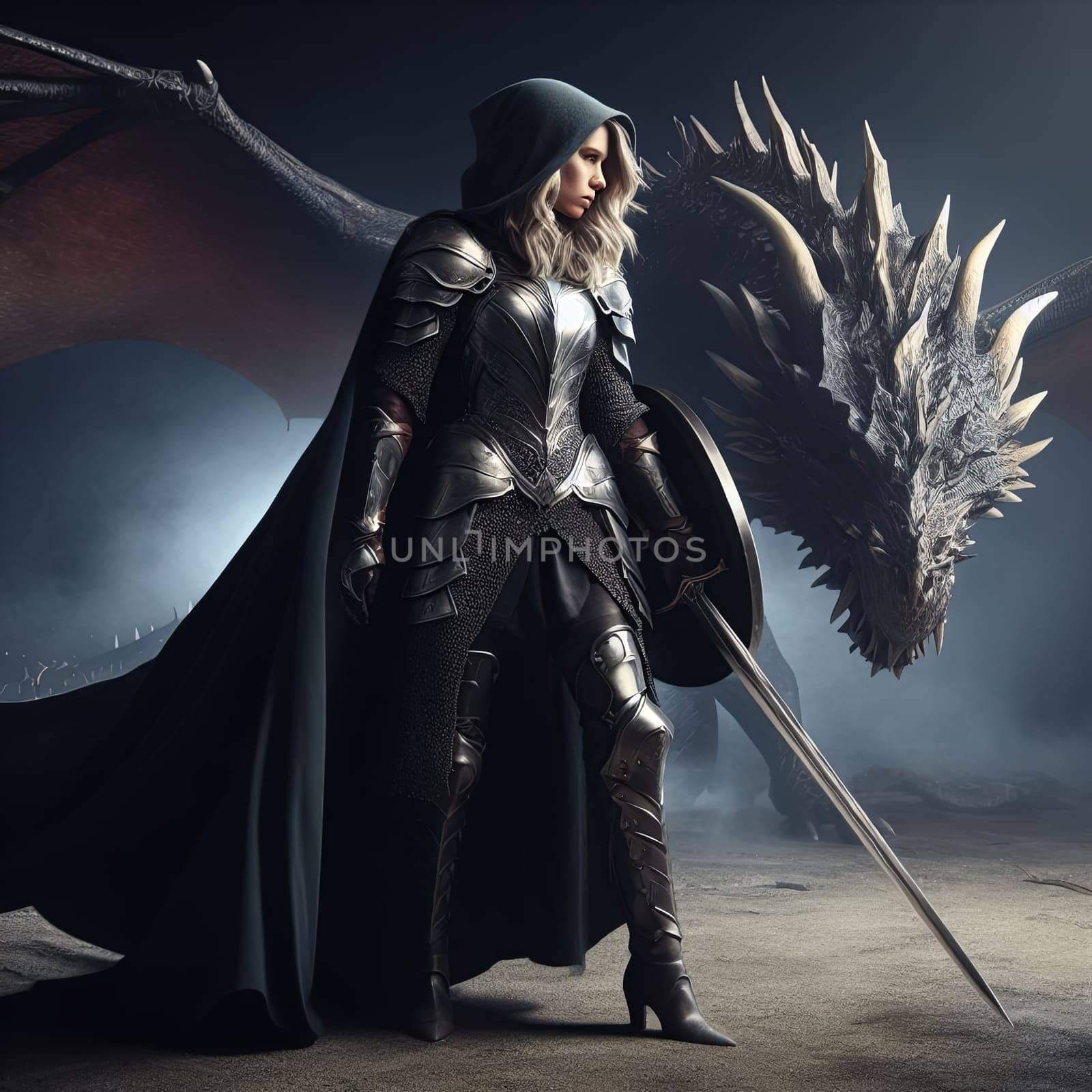 Woman Knight in armor standing against a dragon with spread wings in a fantasy setting