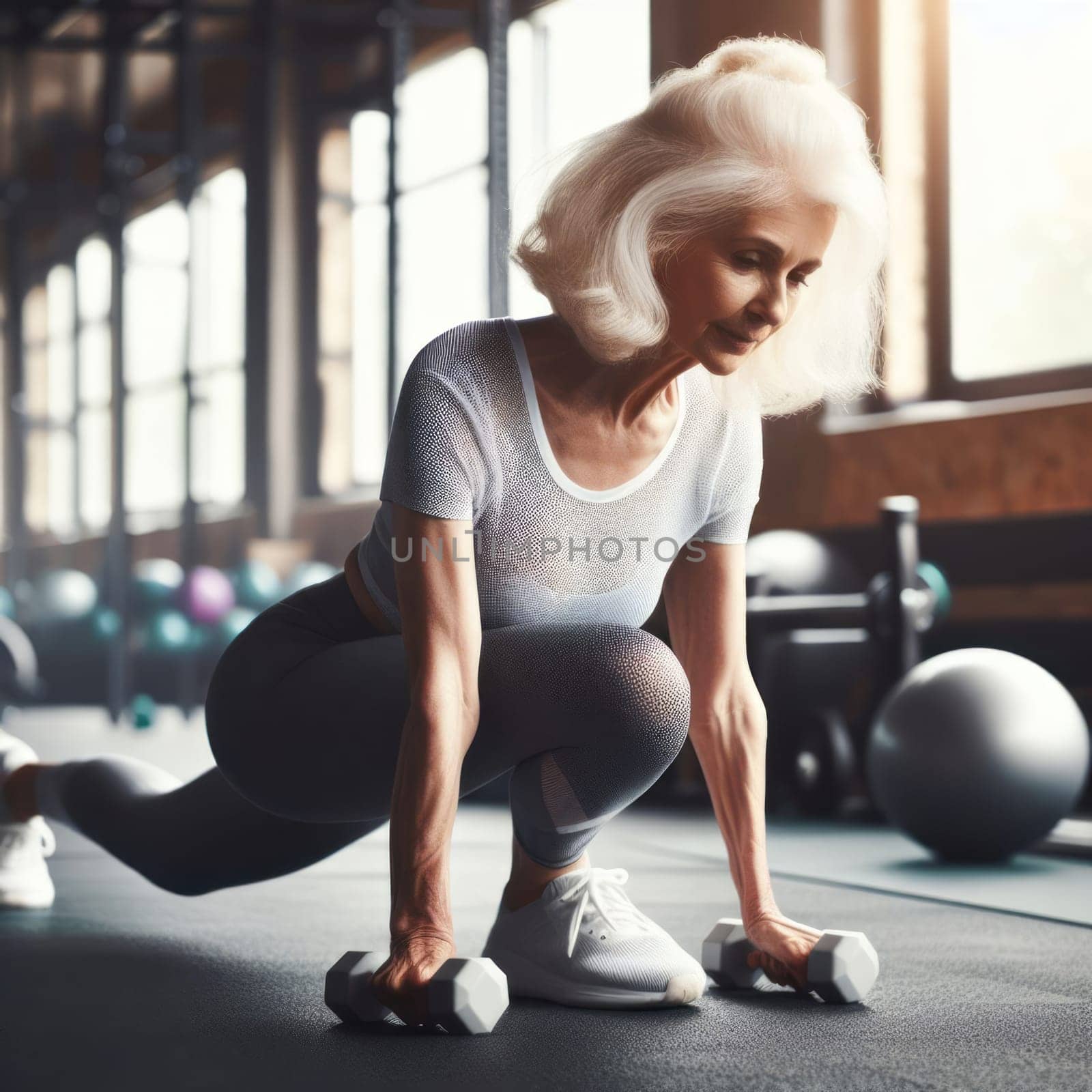 Senior woman in a gym, lifting weights and does stretching, dressed in a white top and black leggings