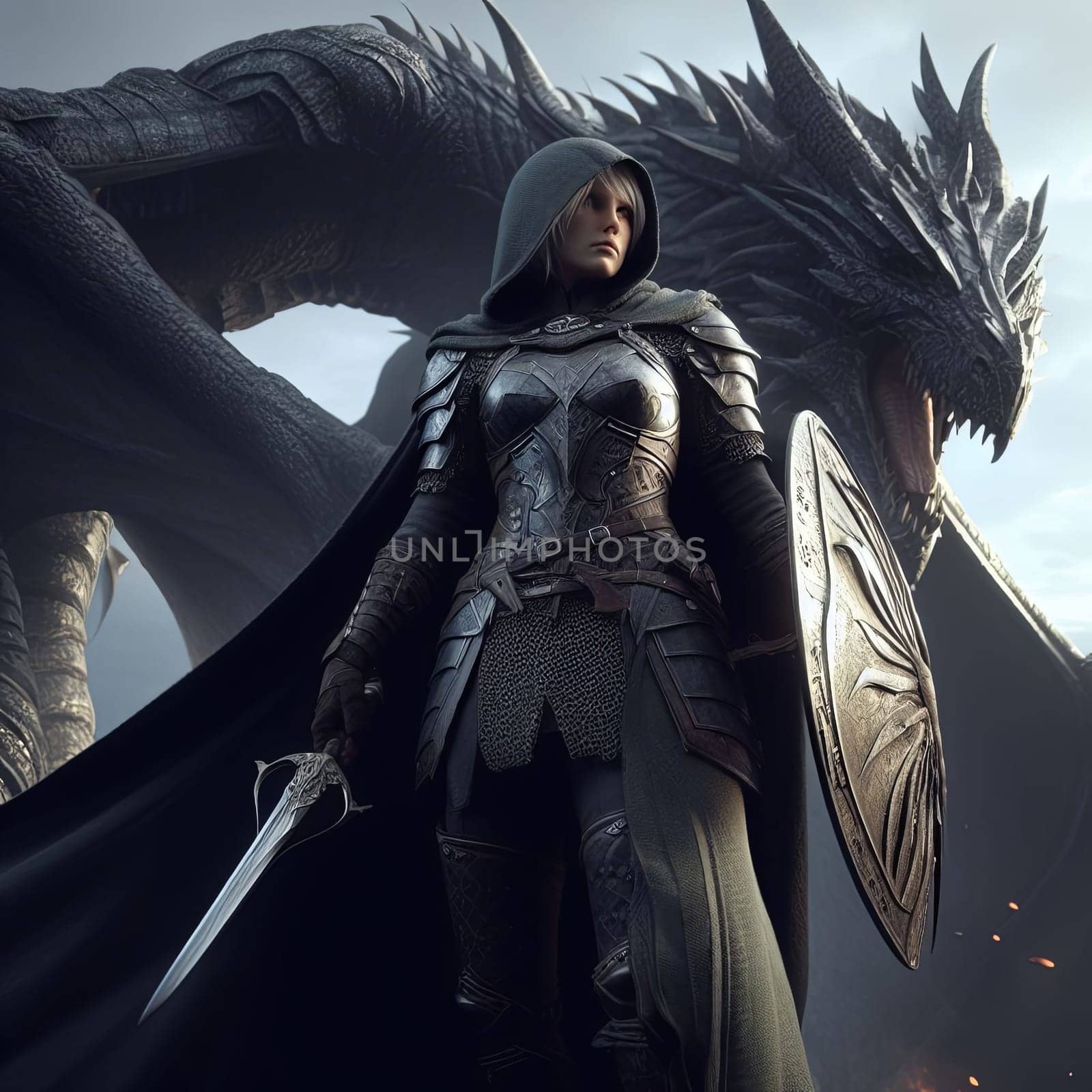 Woman Knight in armor standing against a dragon with spread wings in a fantasy setting