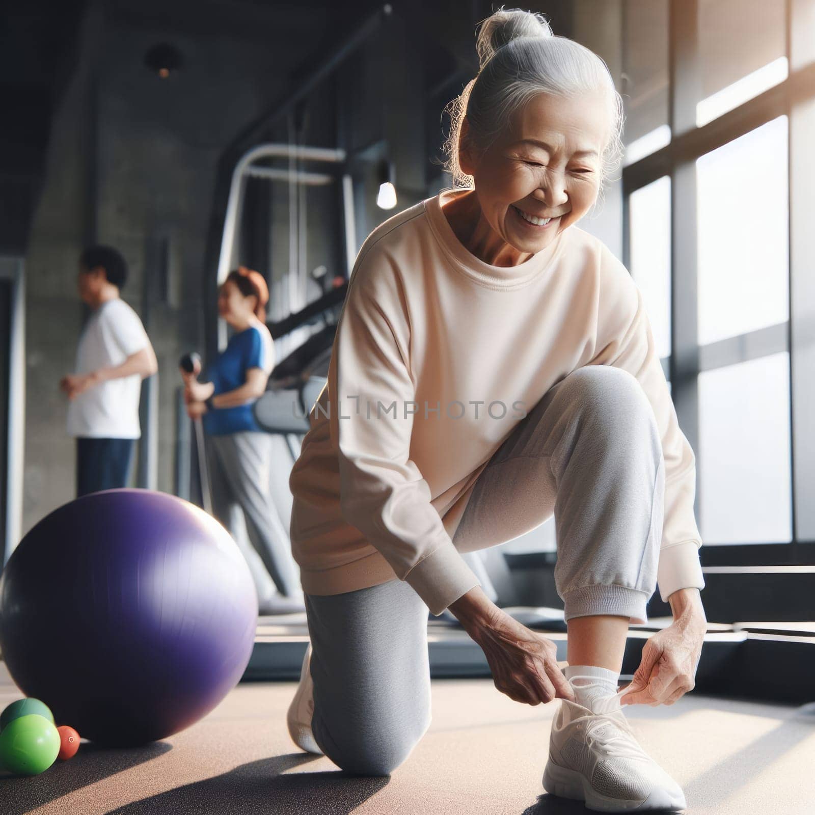 Happy senior asian woman tying her shoelaces in a gym, with other people exercising in the background