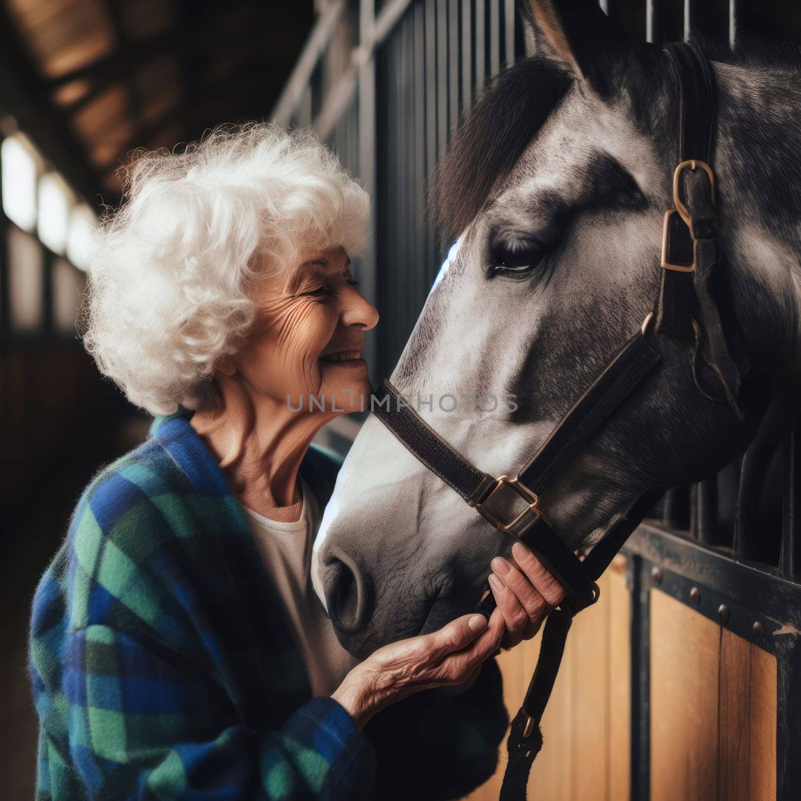 Portrait of senior woman in blue plaid shirt, petting a gray horse in a stable