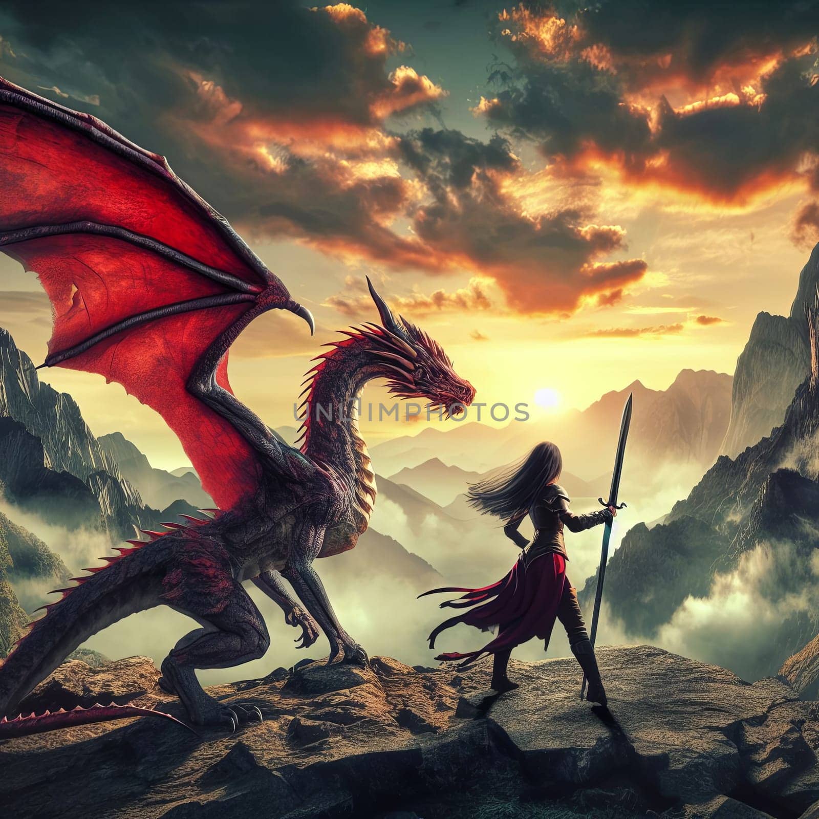 Fantasy image of a dragon and a warrior woman holding a sword spear on a cliff at sunset